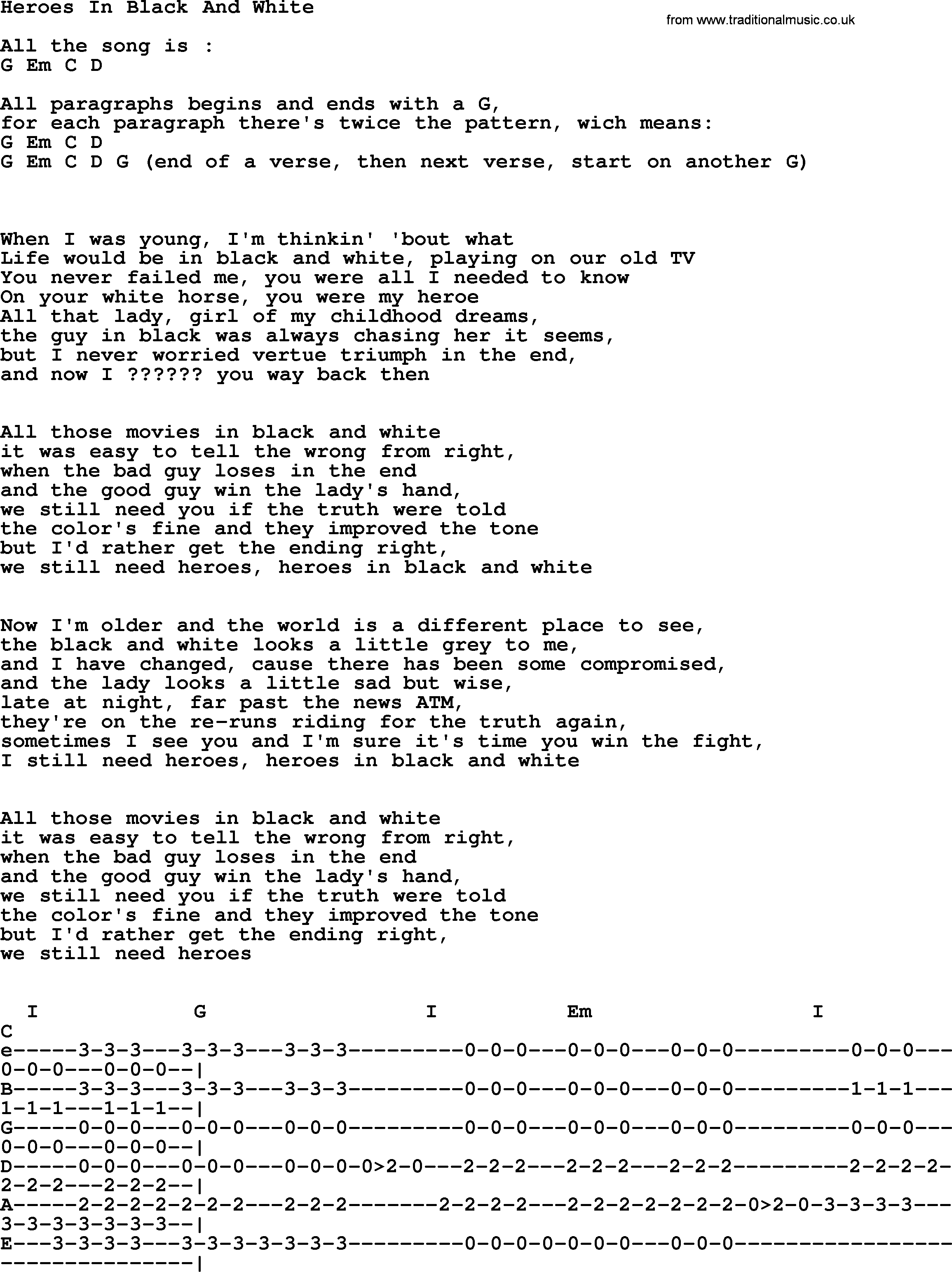 Johnny Cash song Heroes In Black And White, lyrics and chords