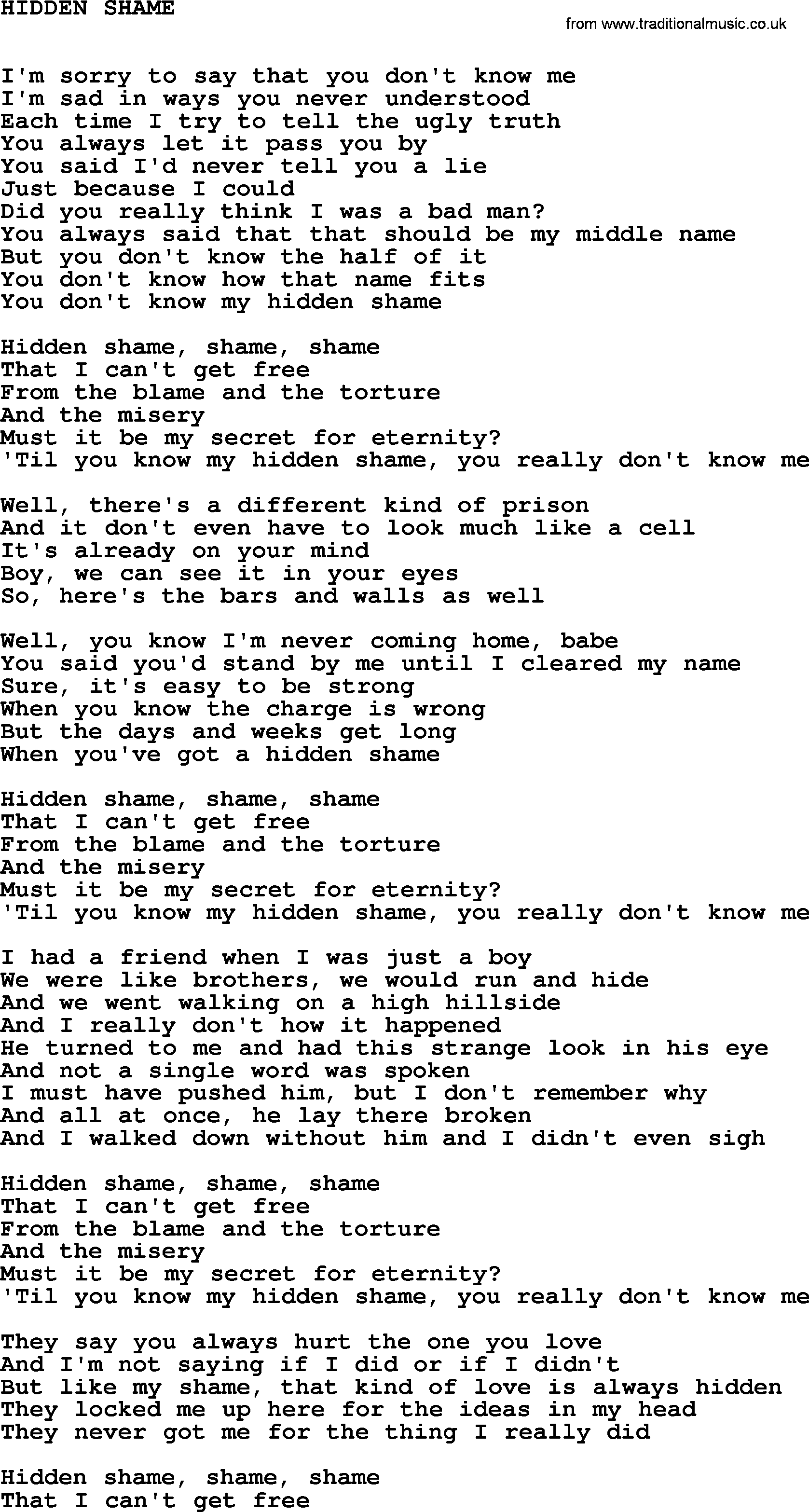 Johnny Cash song Hidden Shame.txt lyrics