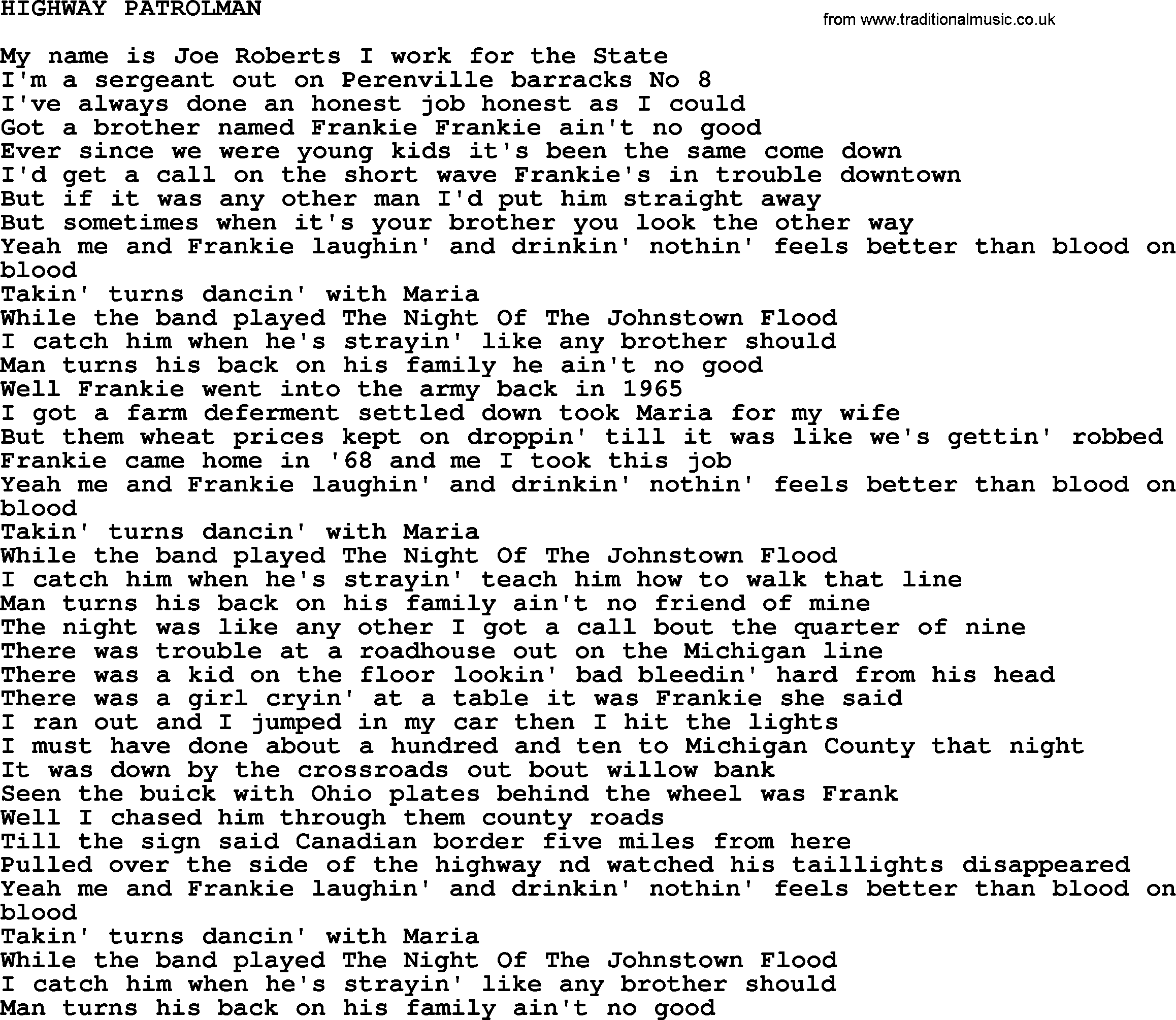Johnny Cash song Highway Patrolman.txt lyrics
