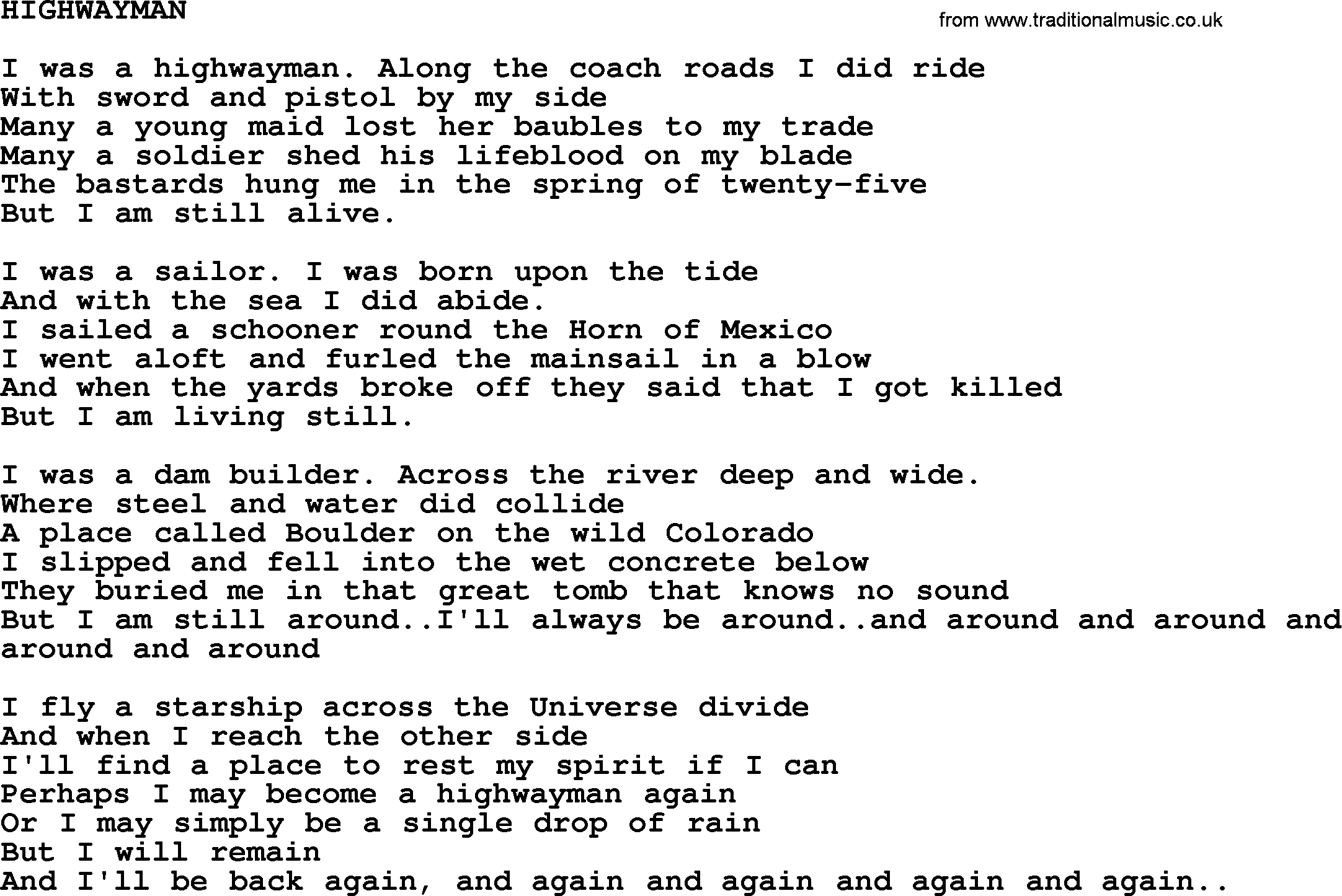 Johnny Cash song Highwayman.txt lyrics