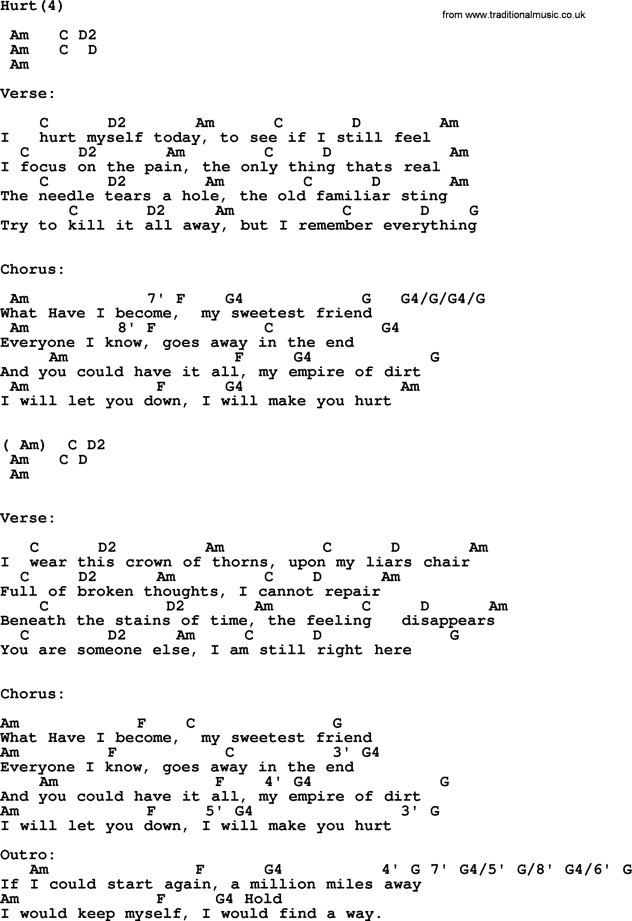 Johnny Cash song Hurt(4), lyrics and chords