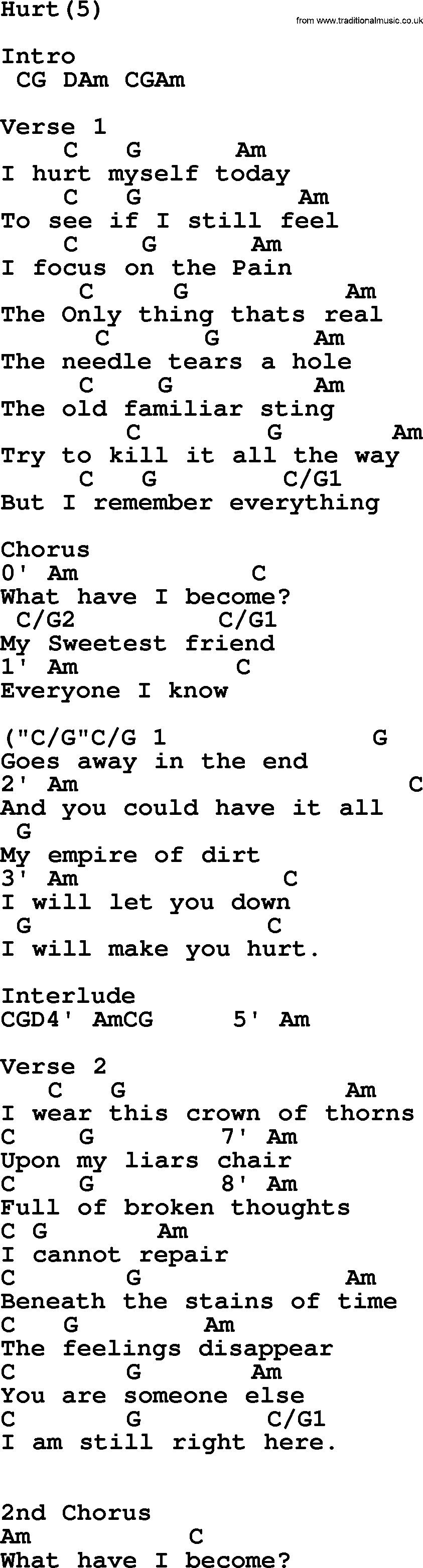 Johnny Cash song Hurt(5), lyrics and chords