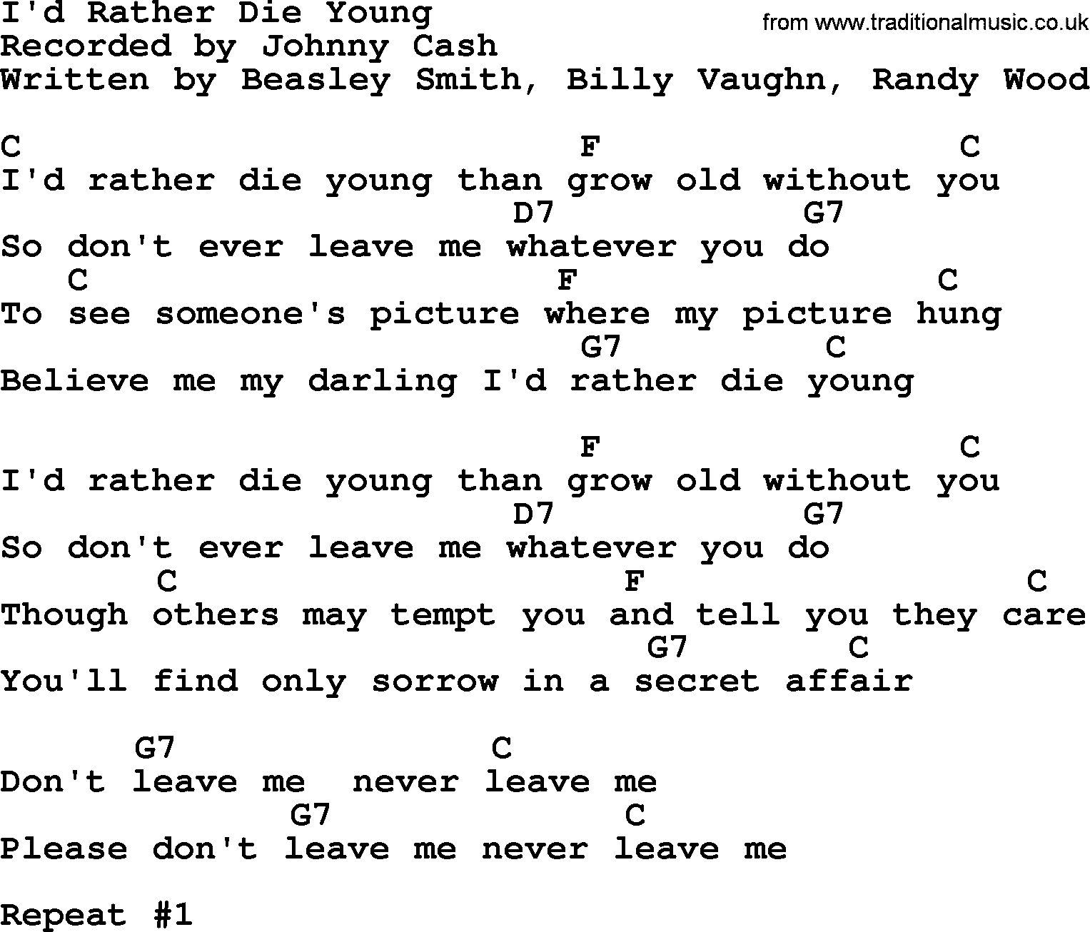 Johnny Cash song I'd Rather Die Young, lyrics and chords