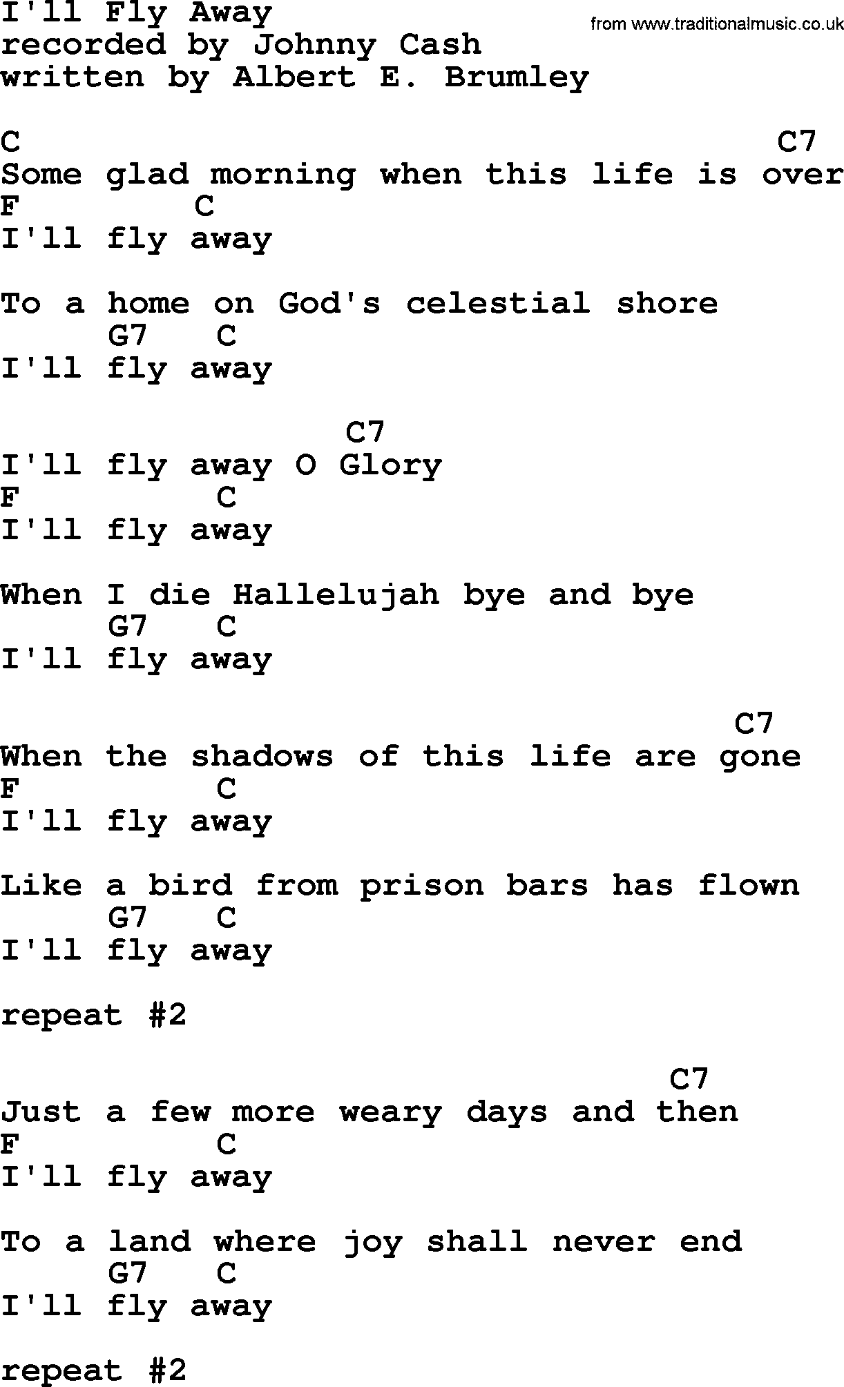 Johnny Cash song I'll Fly Away, lyrics and chords