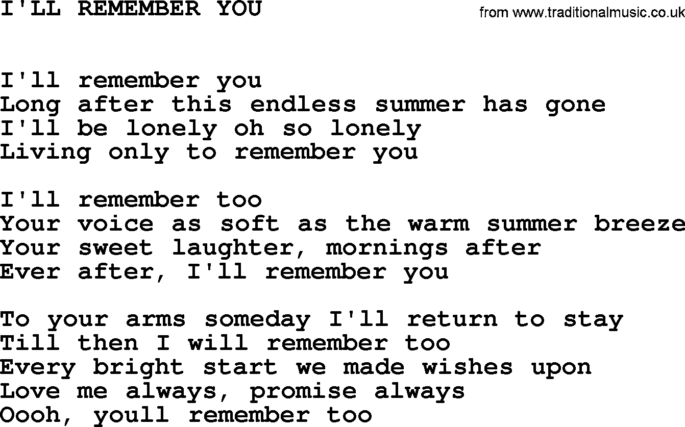 Johnny Cash song I'll Remember You.txt lyrics