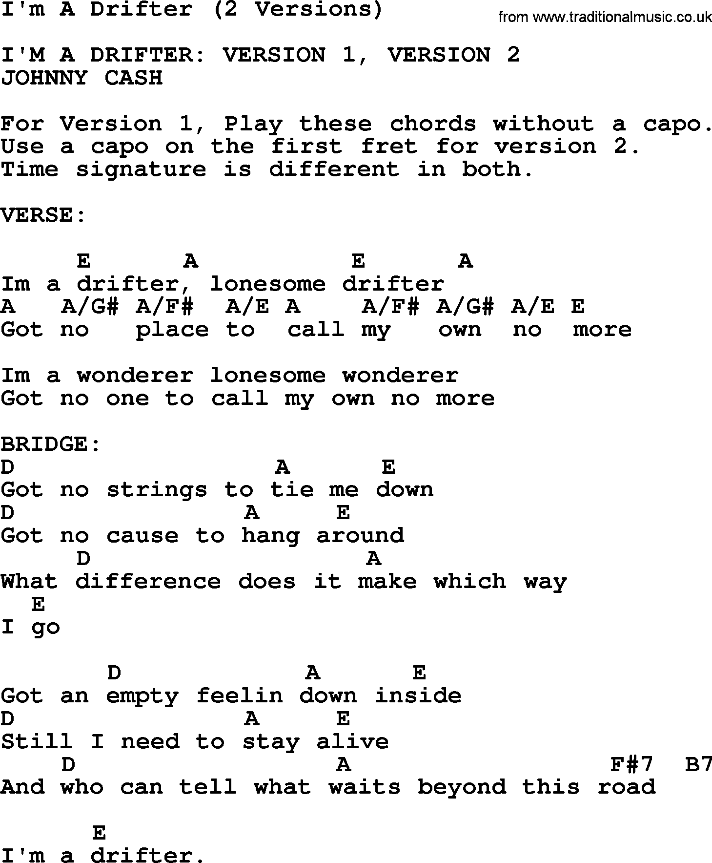 Johnny Cash song I'm A Drifter(2 Versions), lyrics and chords