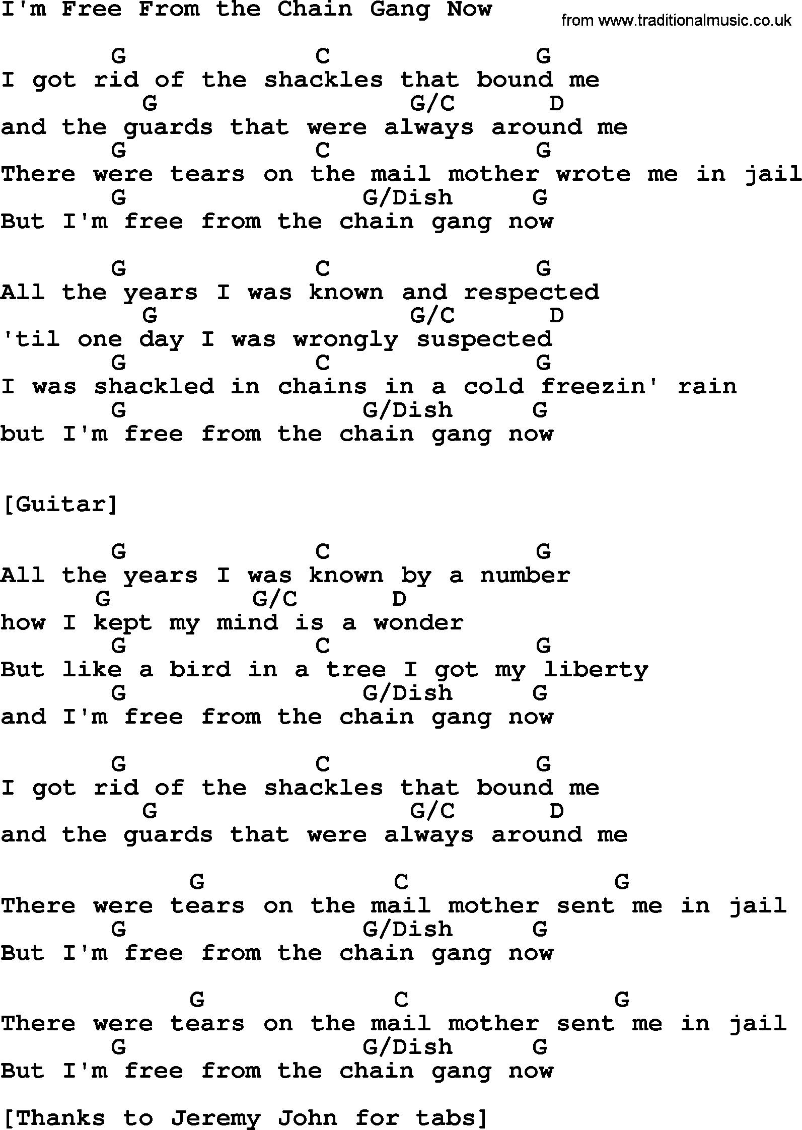 Johnny Cash song I'm Free From The Chain Gang Now, lyrics and chords