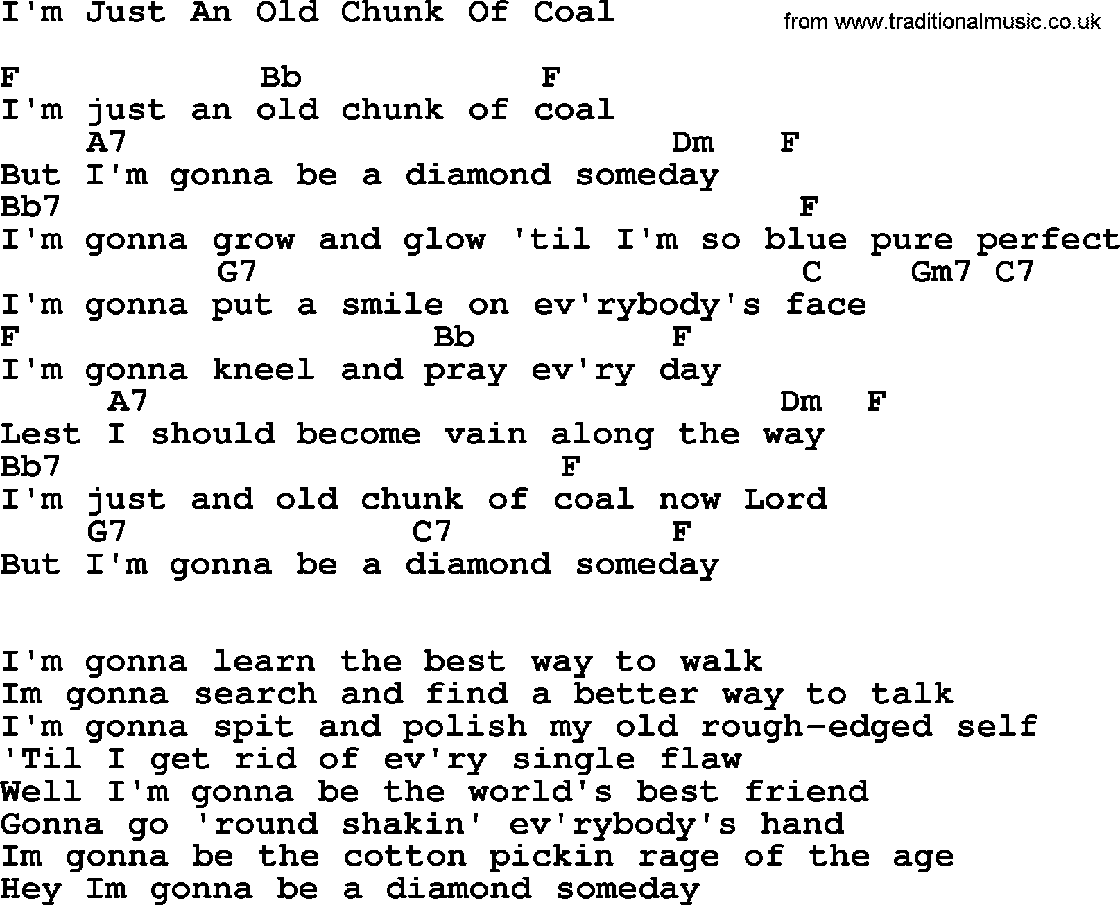 Johnny Cash song I'm Just An Old Chunk Of Coal, lyrics and chords