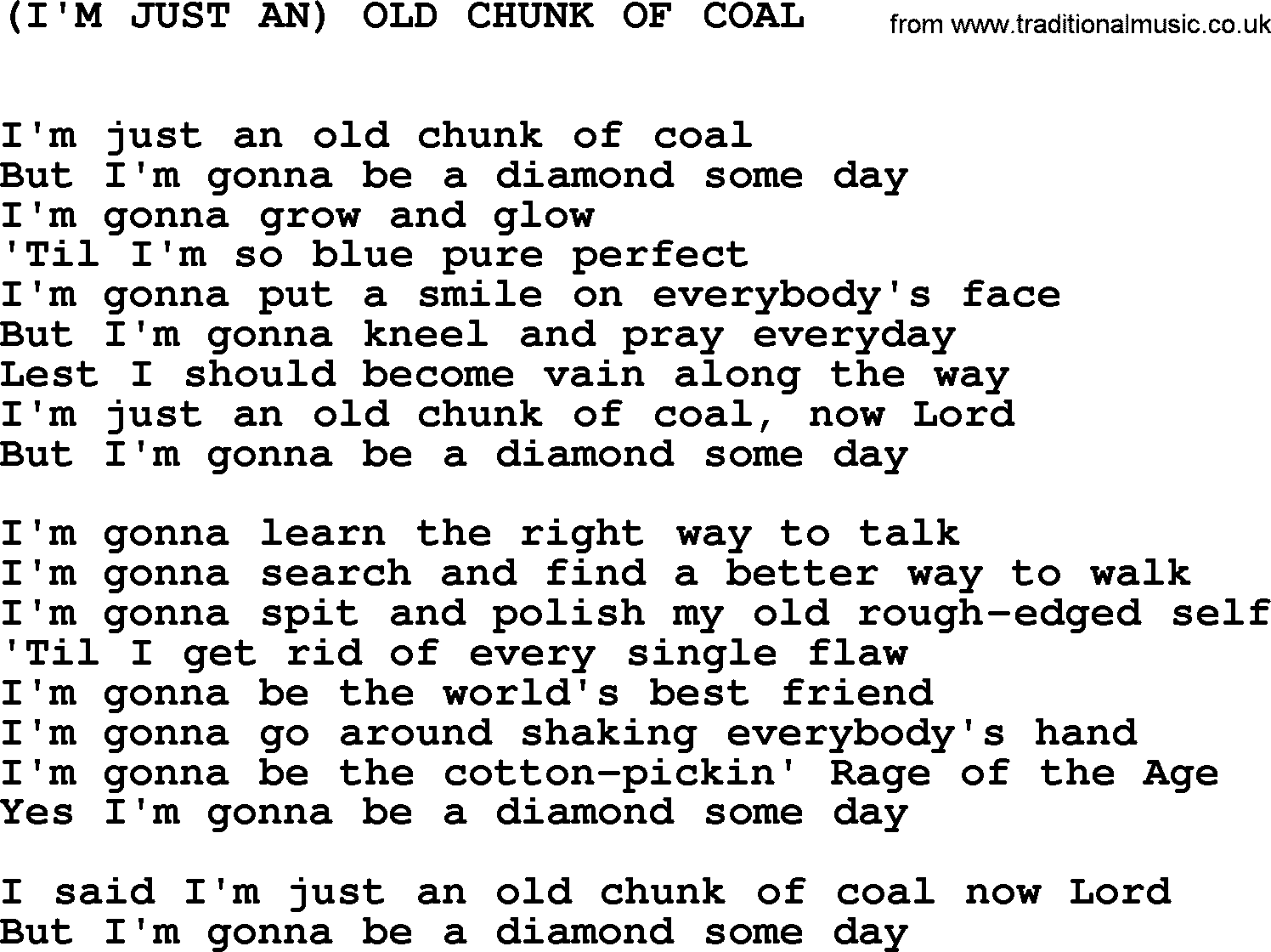 Johnny Cash song I'm Just An Old Chunk Of Coal.txt lyrics