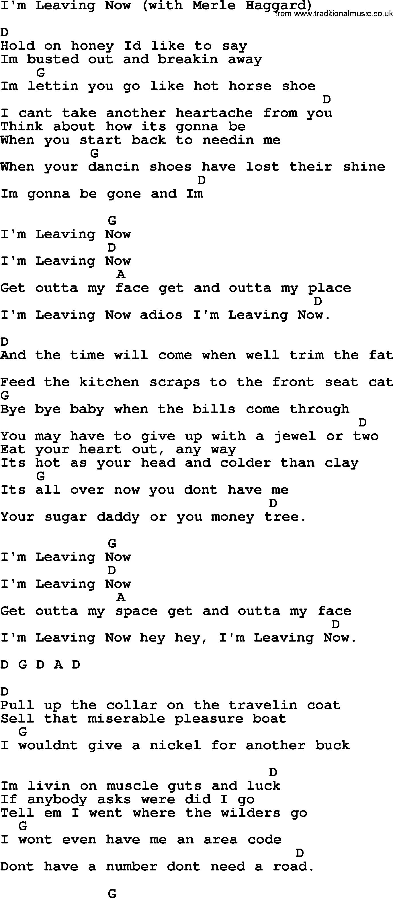 Johnny Cash song I'm Leaving Now, lyrics and chords