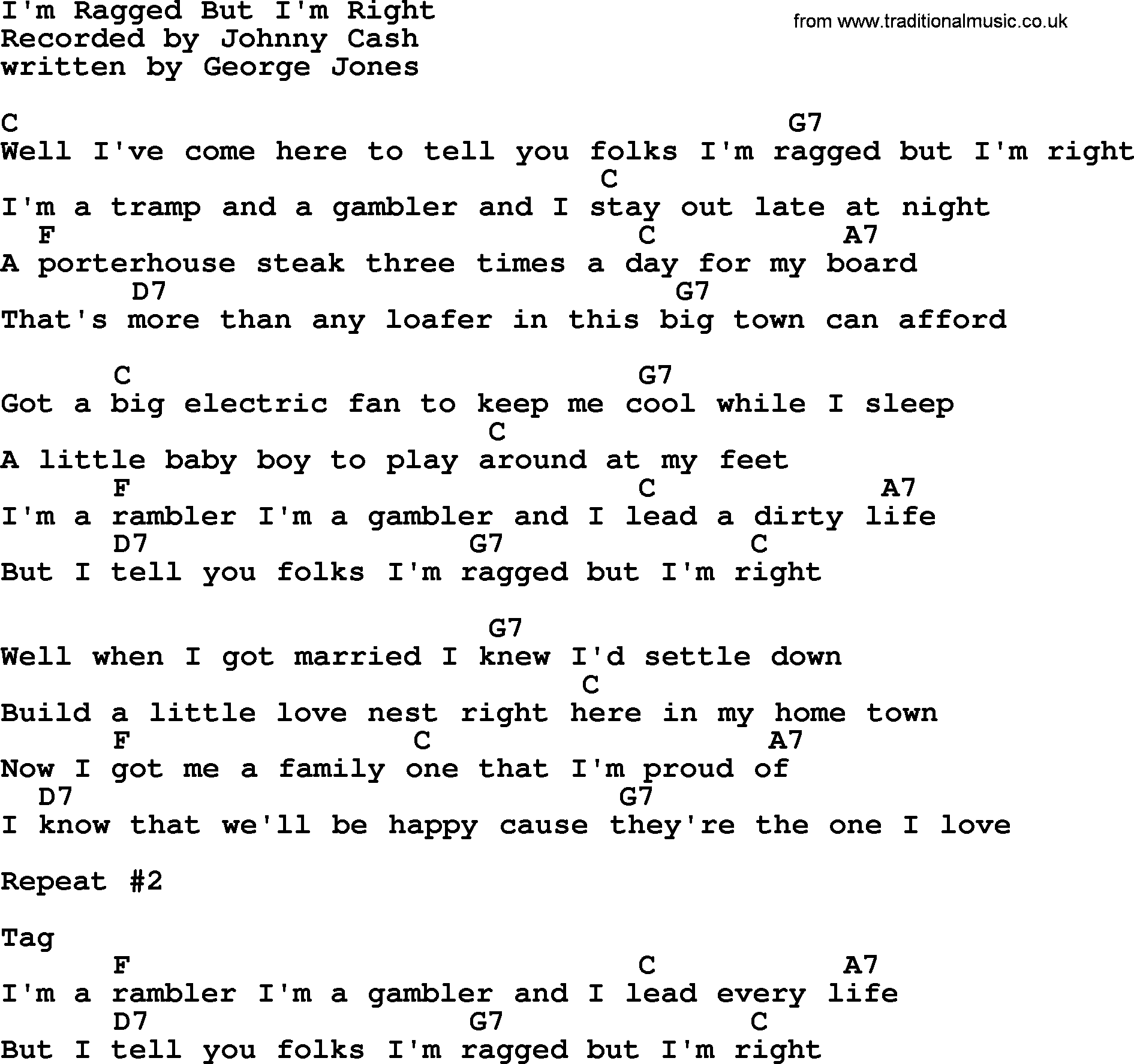 Johnny Cash song I'm Ragged But I'm Right, lyrics and chords