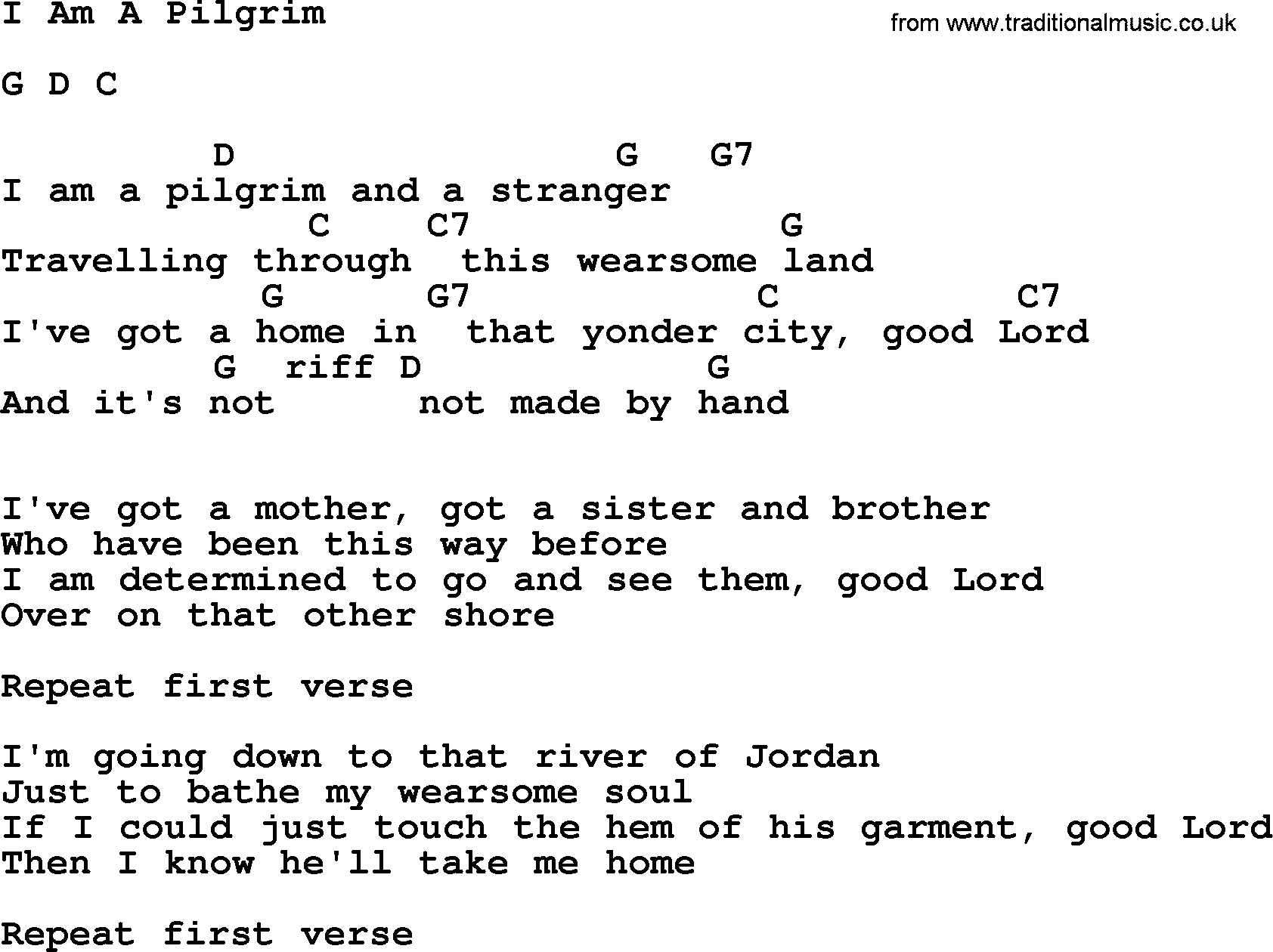 Johnny Cash song I Am A Pilgrim, lyrics and chords