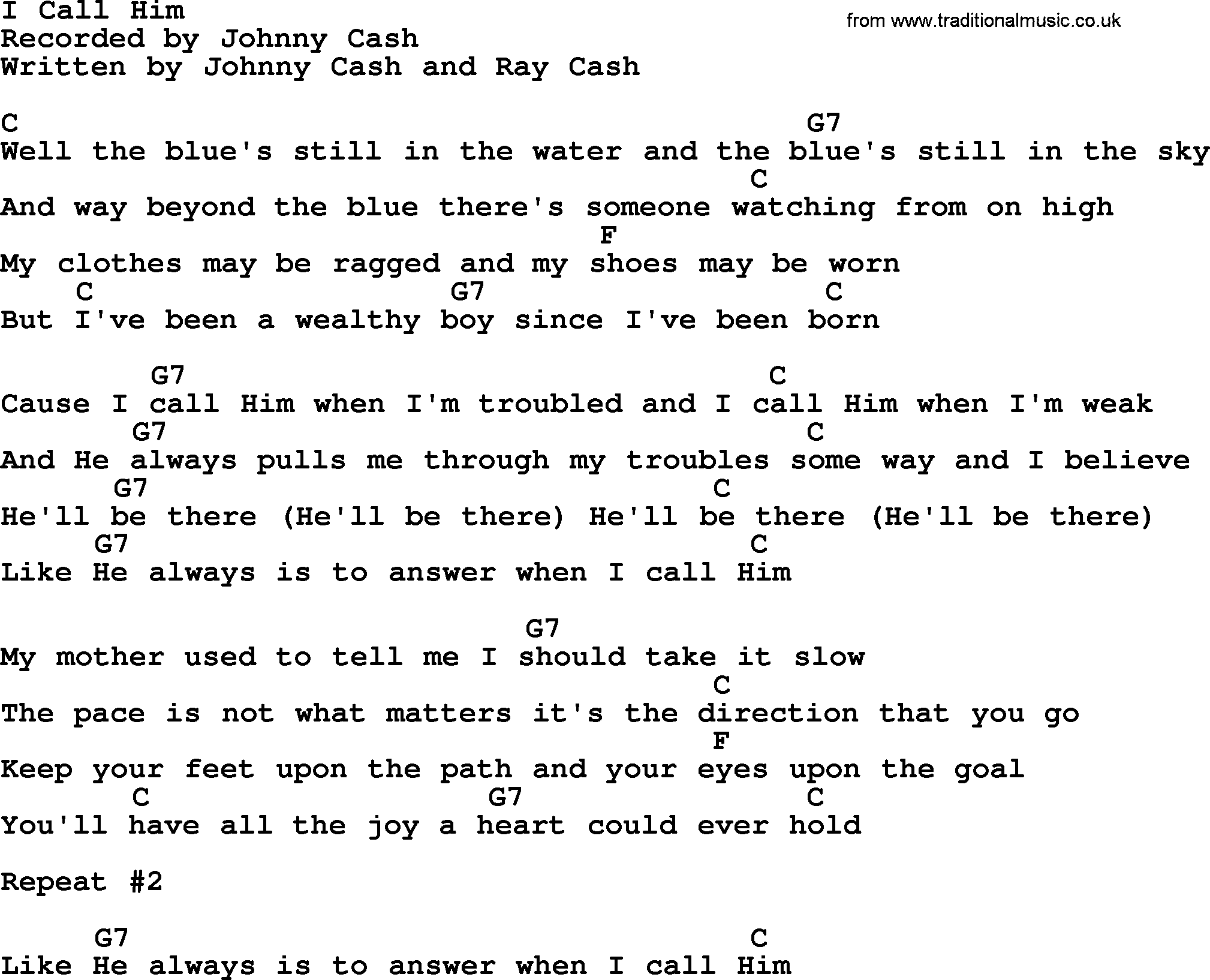 Johnny Cash song I Call Him, lyrics and chords