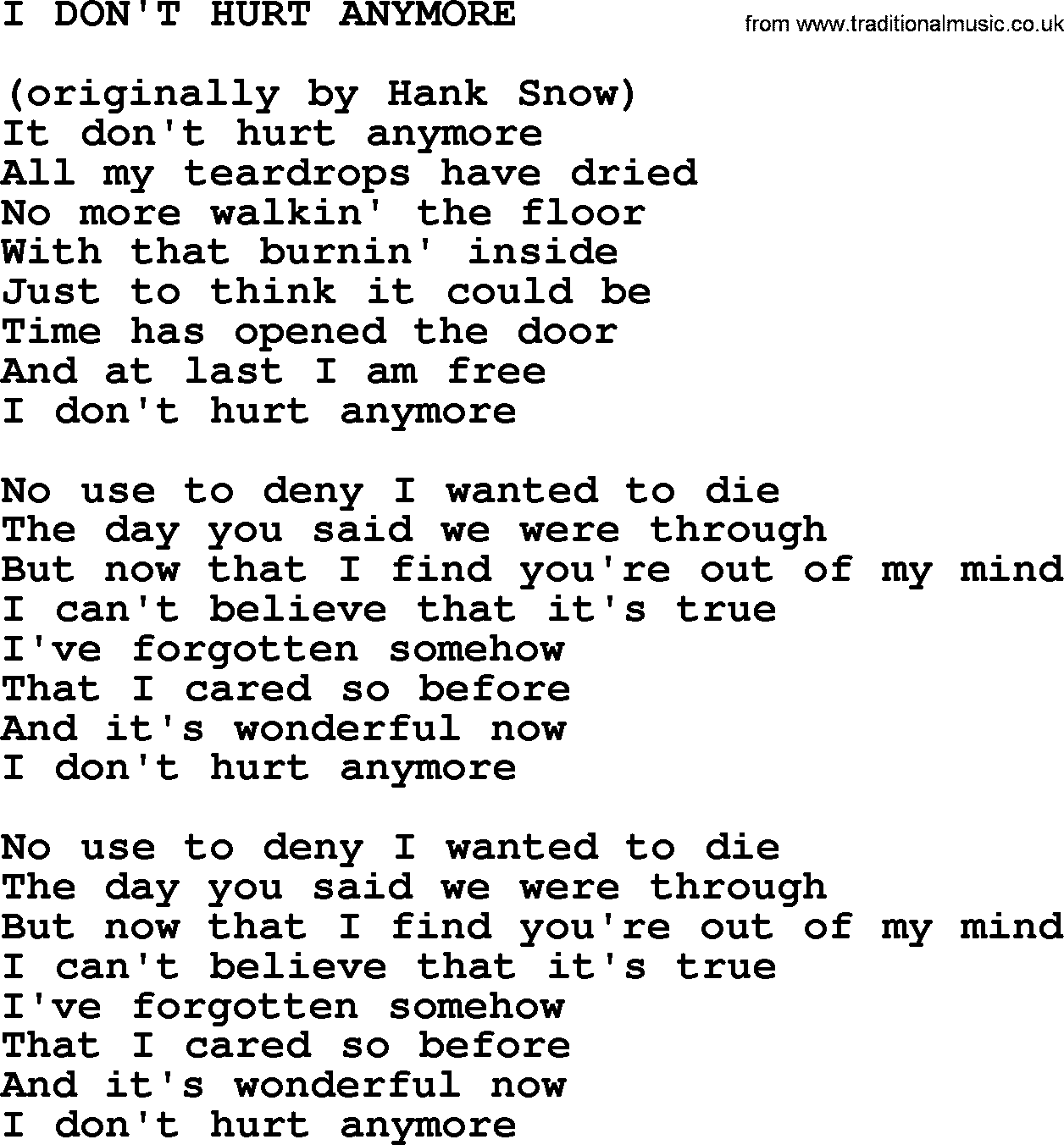 Johnny Cash song I Don't Hurt Anymore.txt lyrics