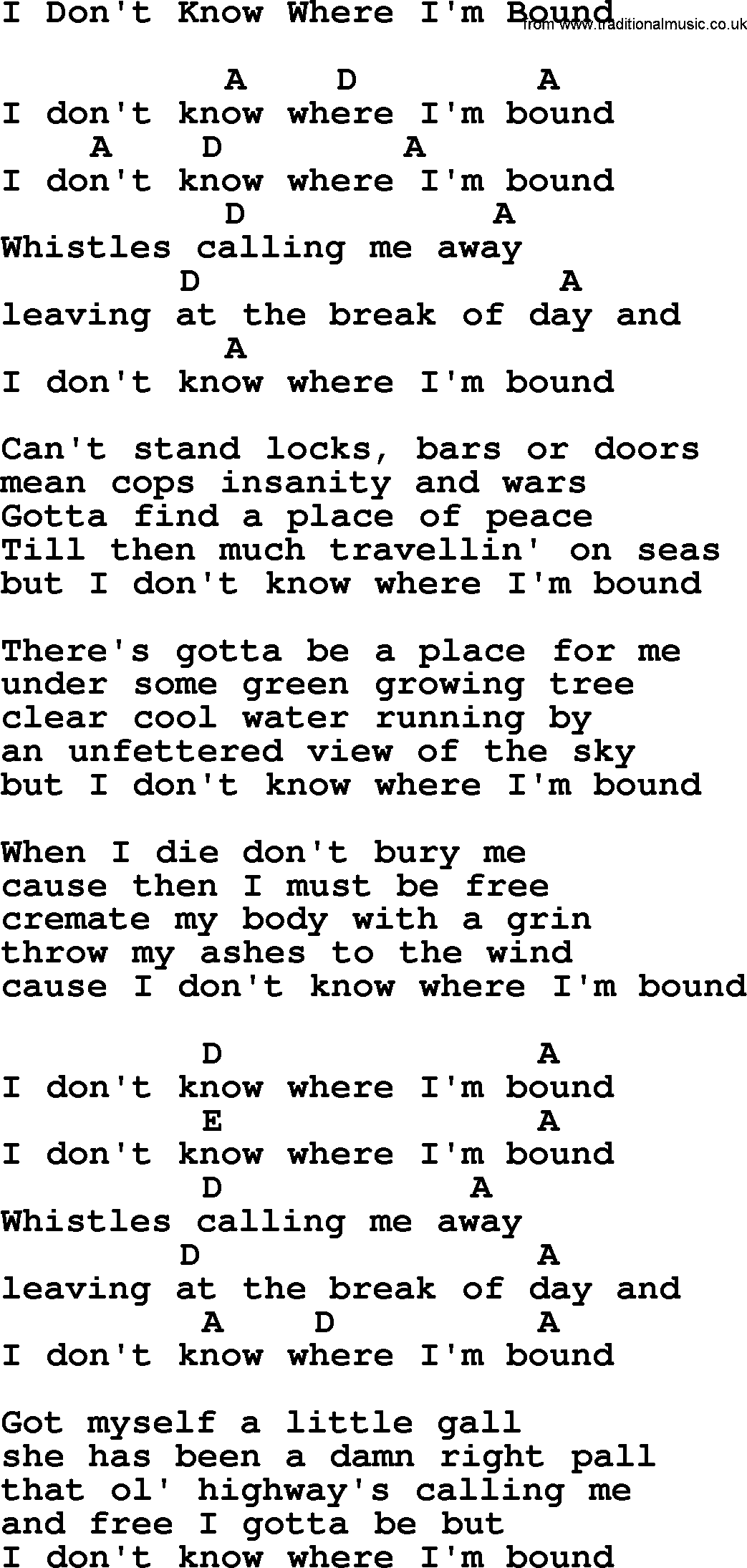 Johnny Cash song I Don't Know Where I'm Bound, lyrics and chords