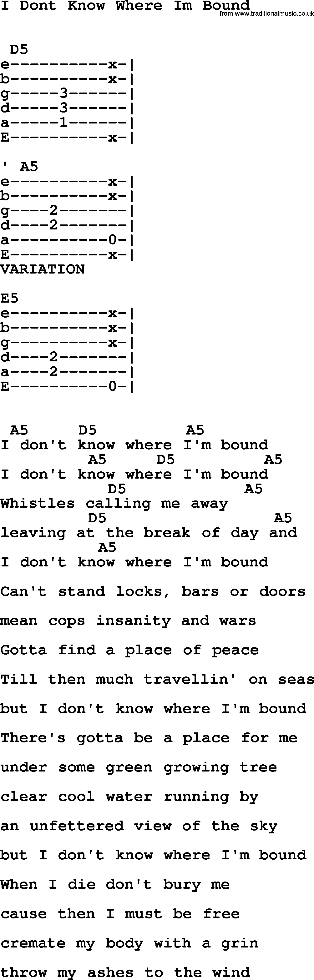 Johnny Cash song I Dont Know Where Im Bound, lyrics and chords