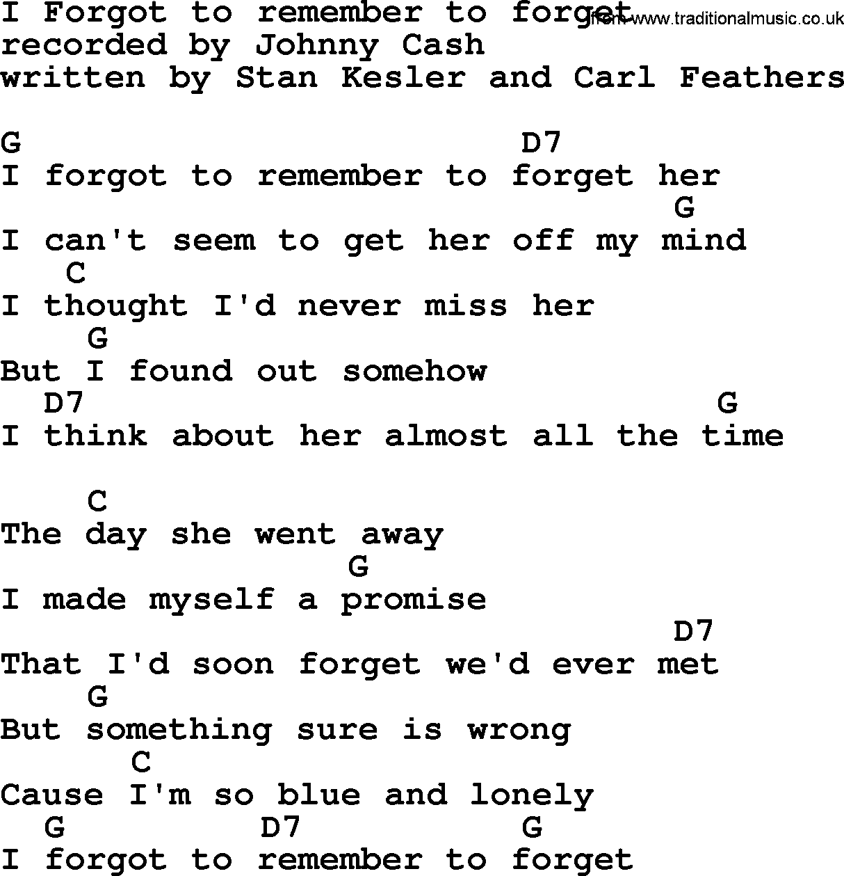 Johnny Cash song I Forgot To Remember To Forget, lyrics and chords
