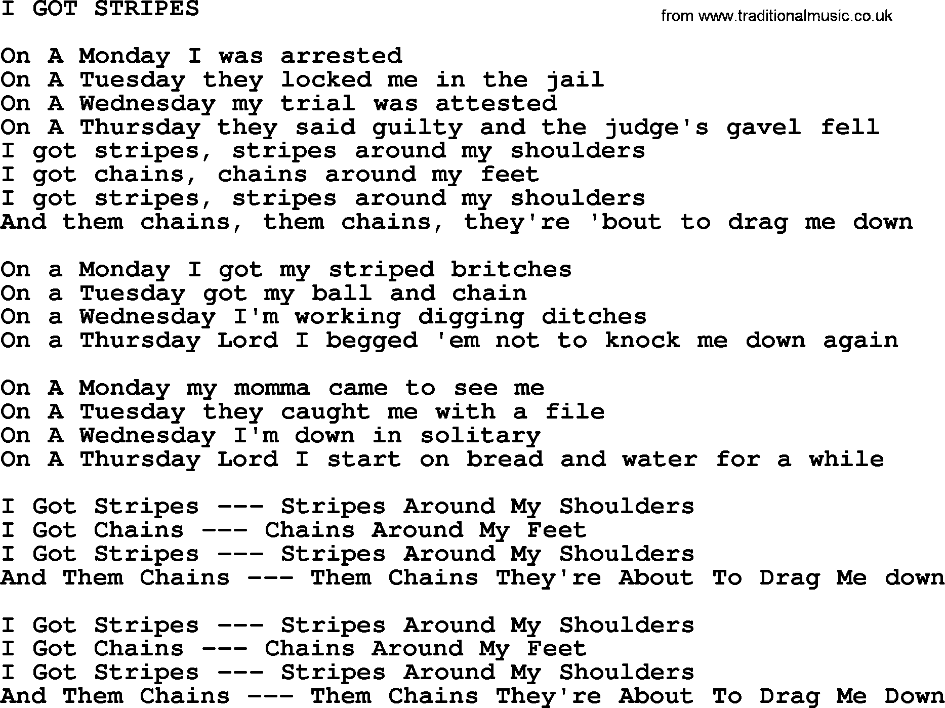 Johnny Cash song I Got Stripes.txt lyrics