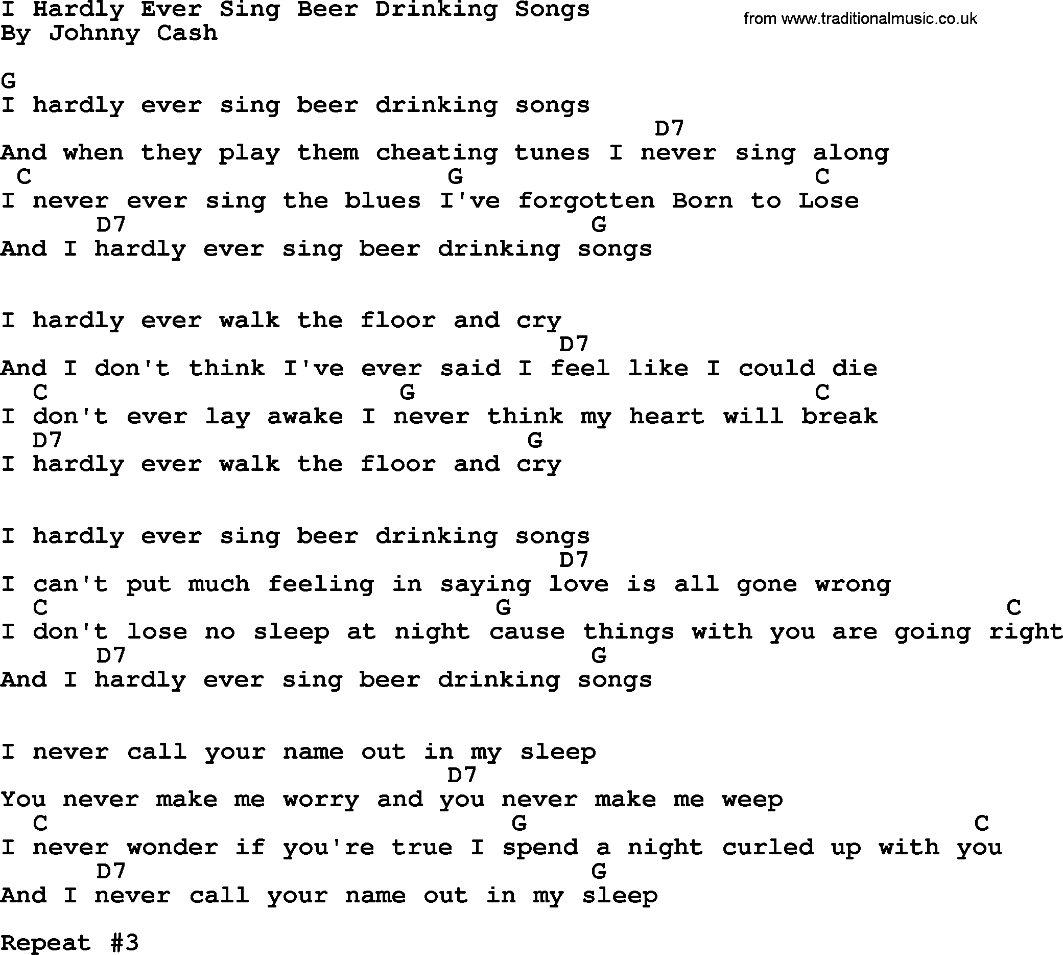Johnny Cash song I Hardly Ever Sing Beer Drinking Songs, lyrics and chords