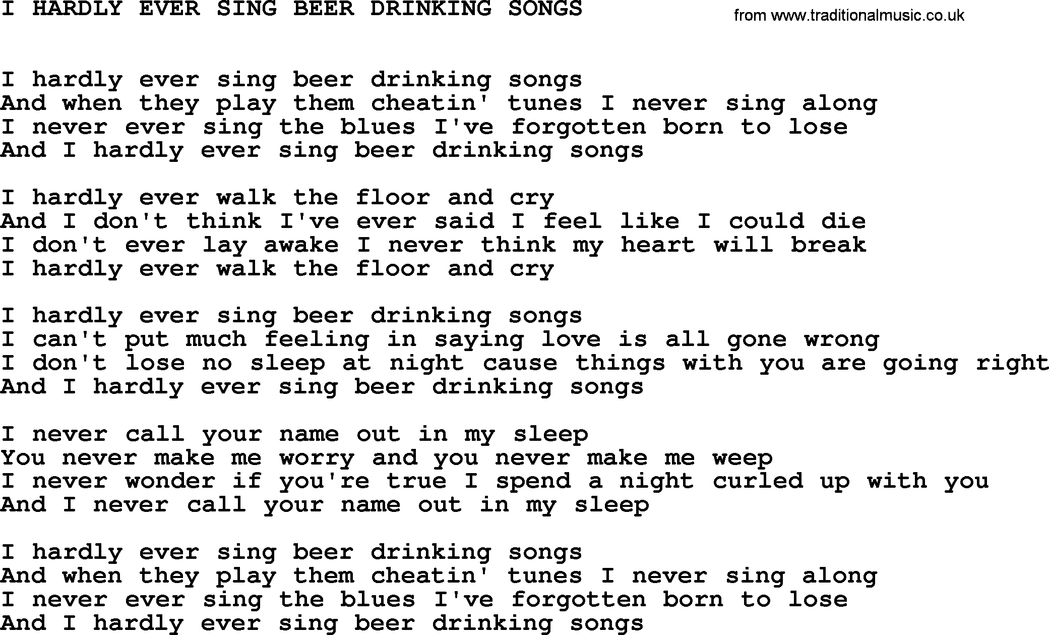 Johnny Cash song I Hardly Ever Sing Beer Drinking Songs.txt lyrics