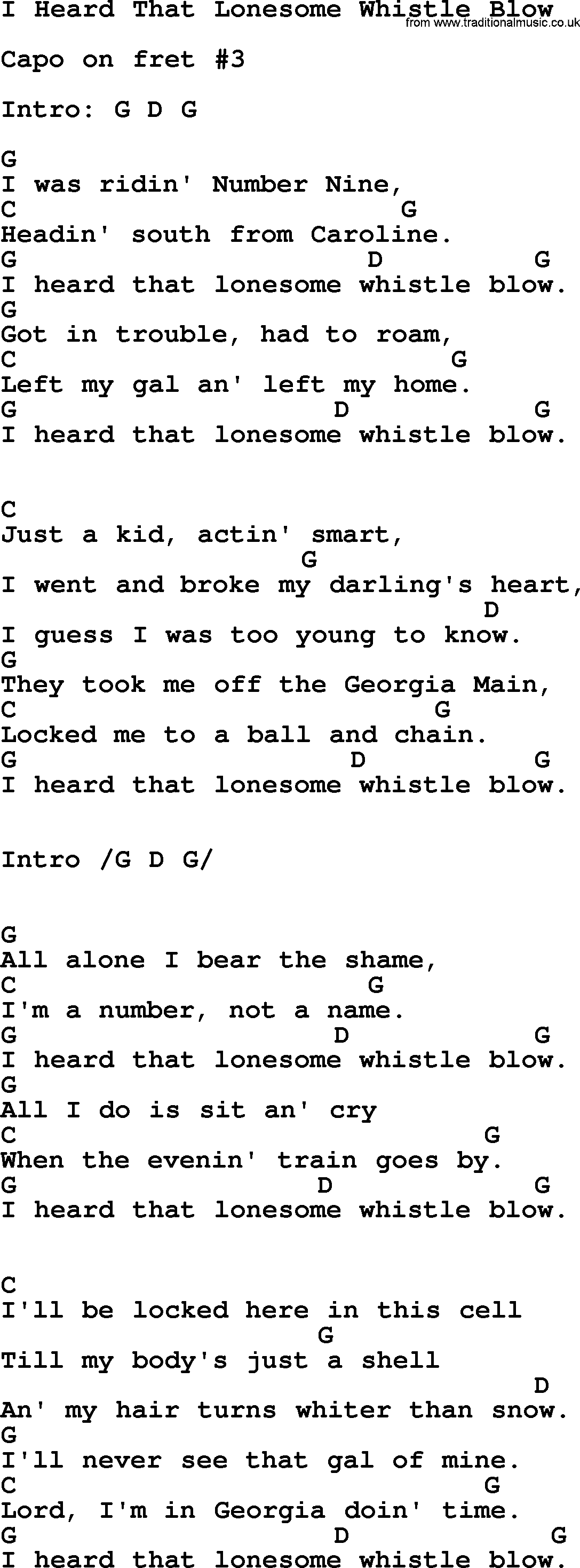 Johnny Cash song I Heard That Lonesome Whistle Blow, lyrics and chords