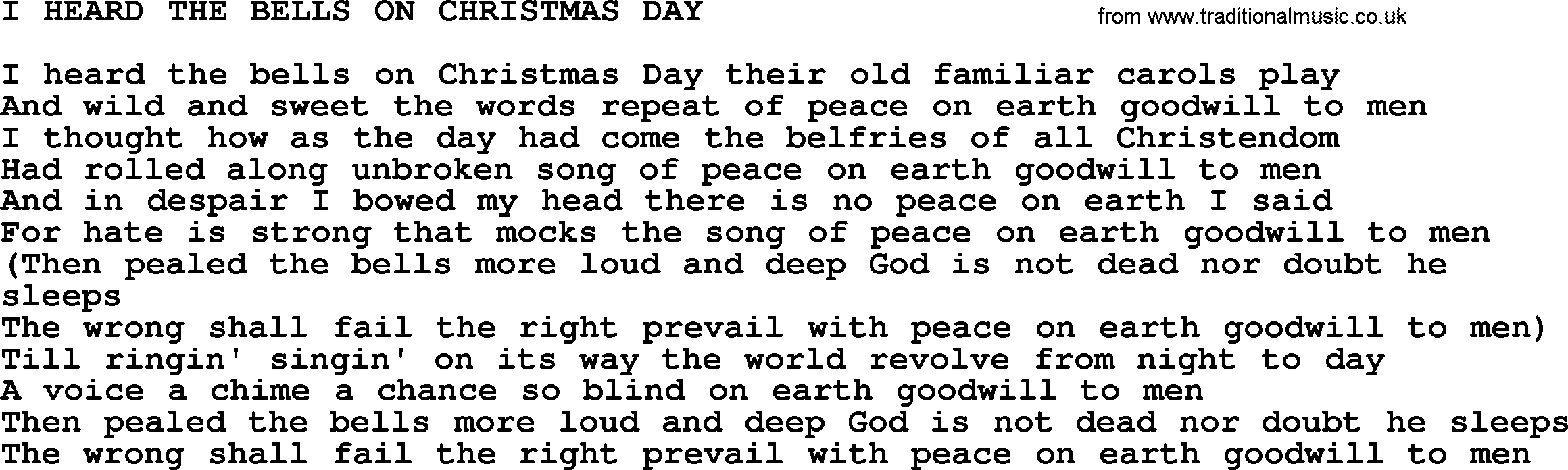 Johnny Cash song I Heard The Bells On Christmas Day.txt lyrics