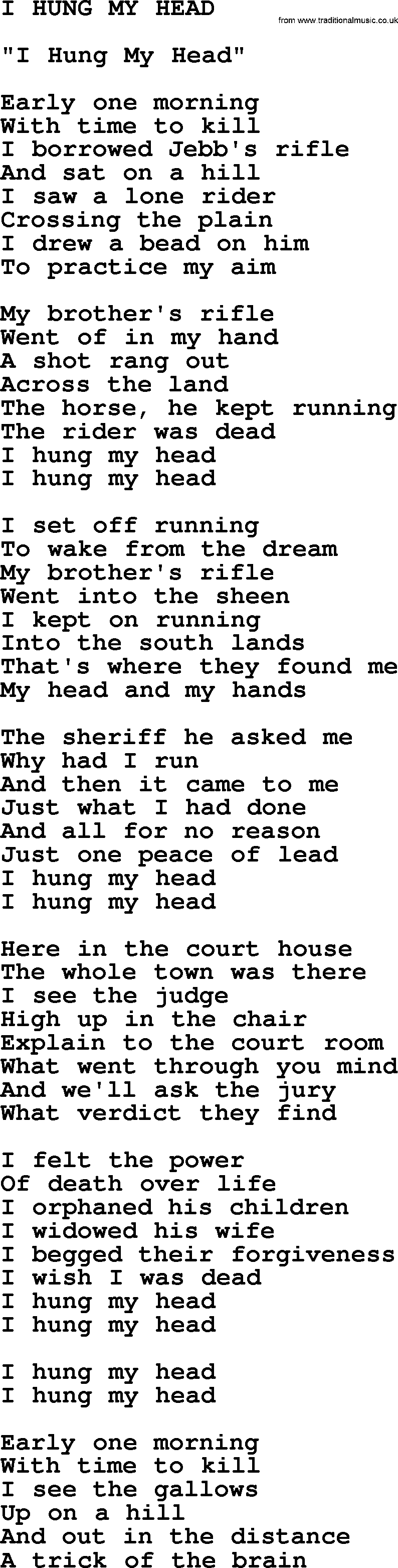 Johnny Cash song I Hung My Head.txt lyrics