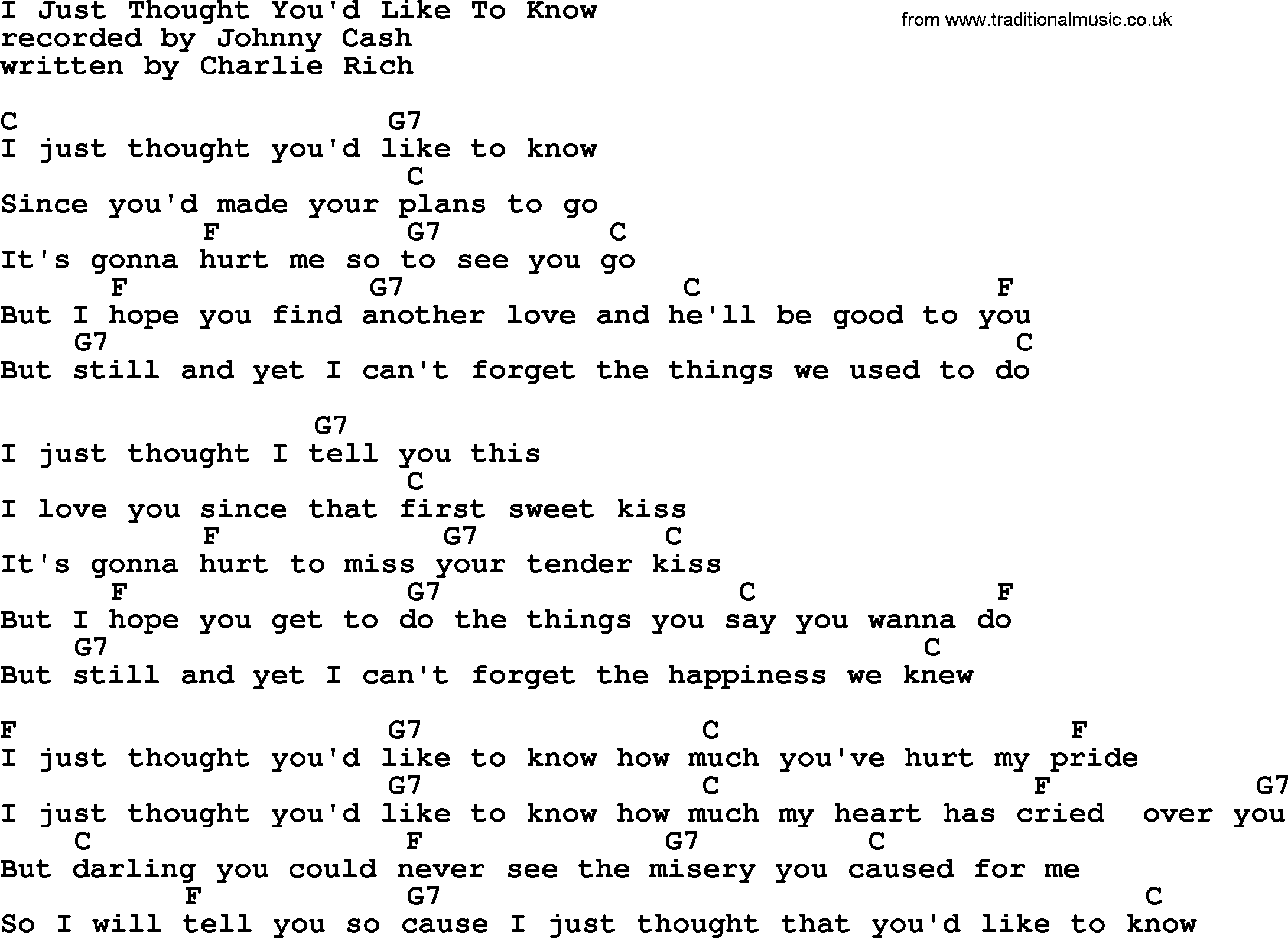 Johnny Cash song I Just Thought You'd Like To Know, lyrics and chords