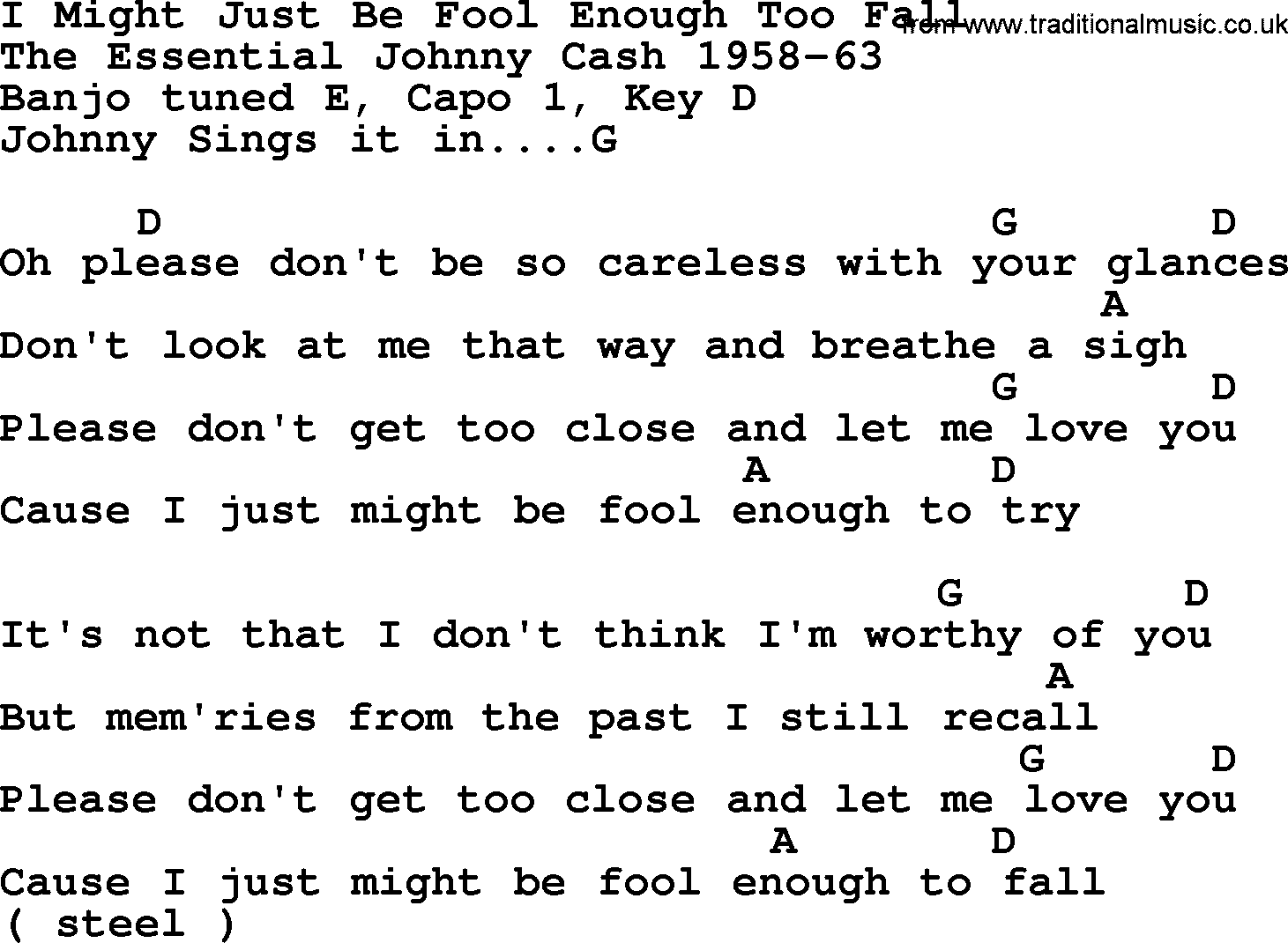 Johnny Cash song I Might Just Be Fool Enough Too Fall, lyrics and chords