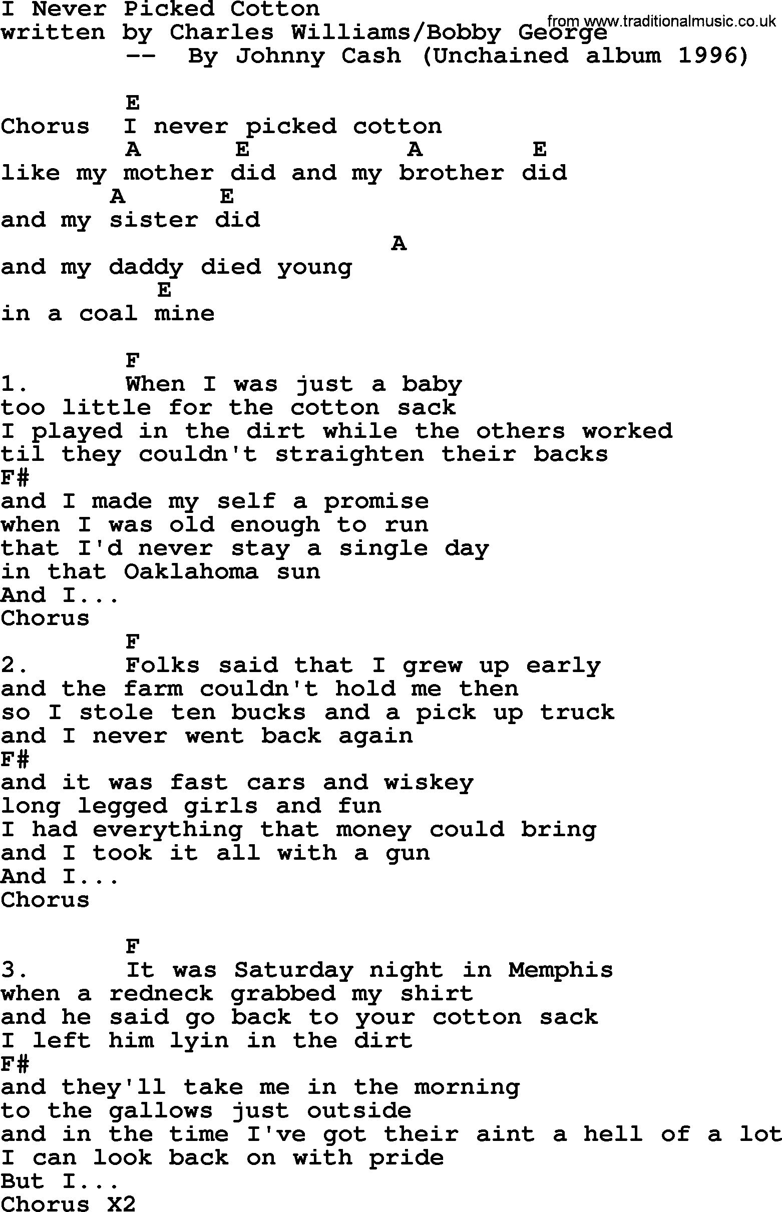 Johnny Cash song I Never Picked Cotton, lyrics and chords