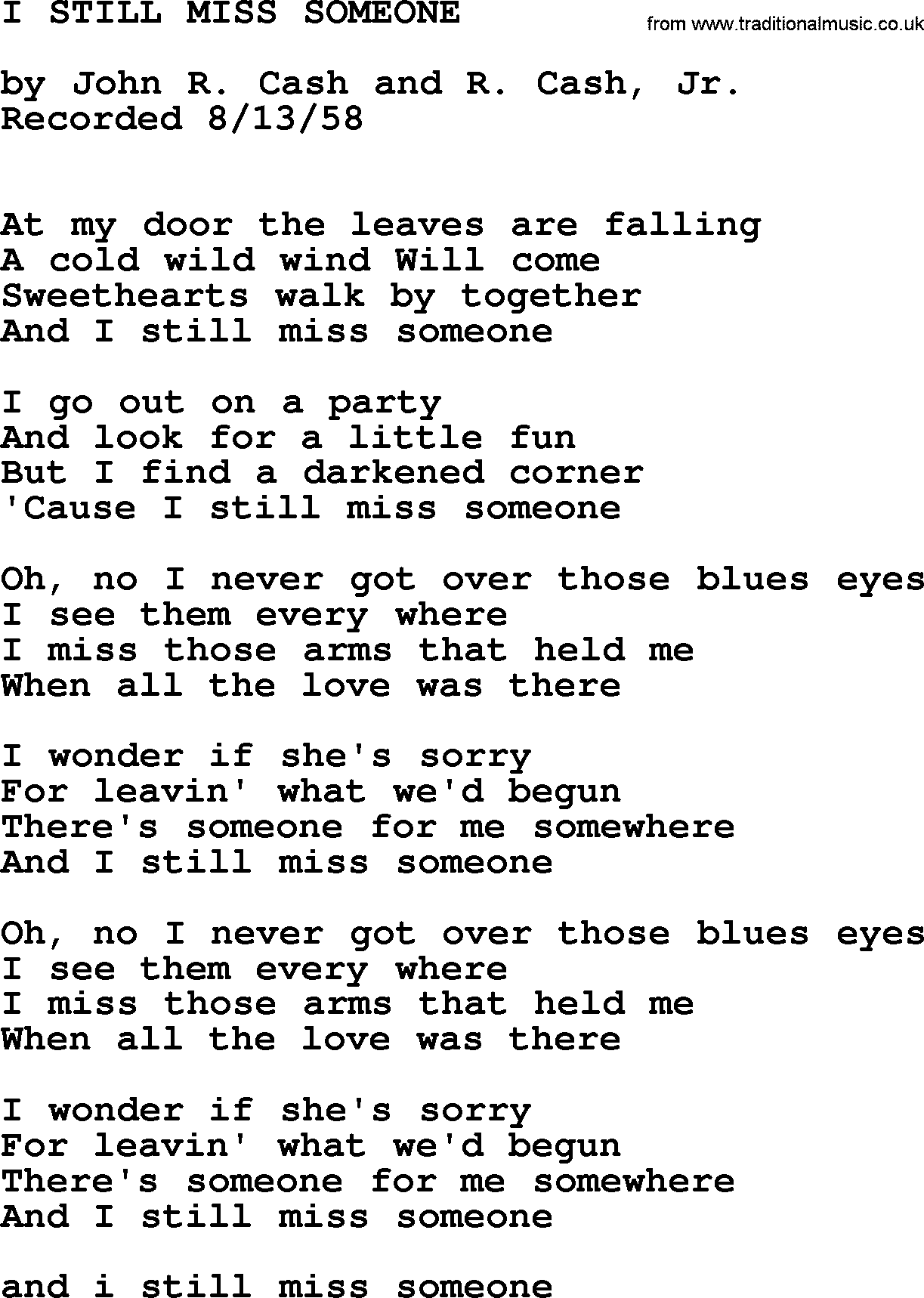 Johnny Cash song I Still Miss Someone.txt lyrics