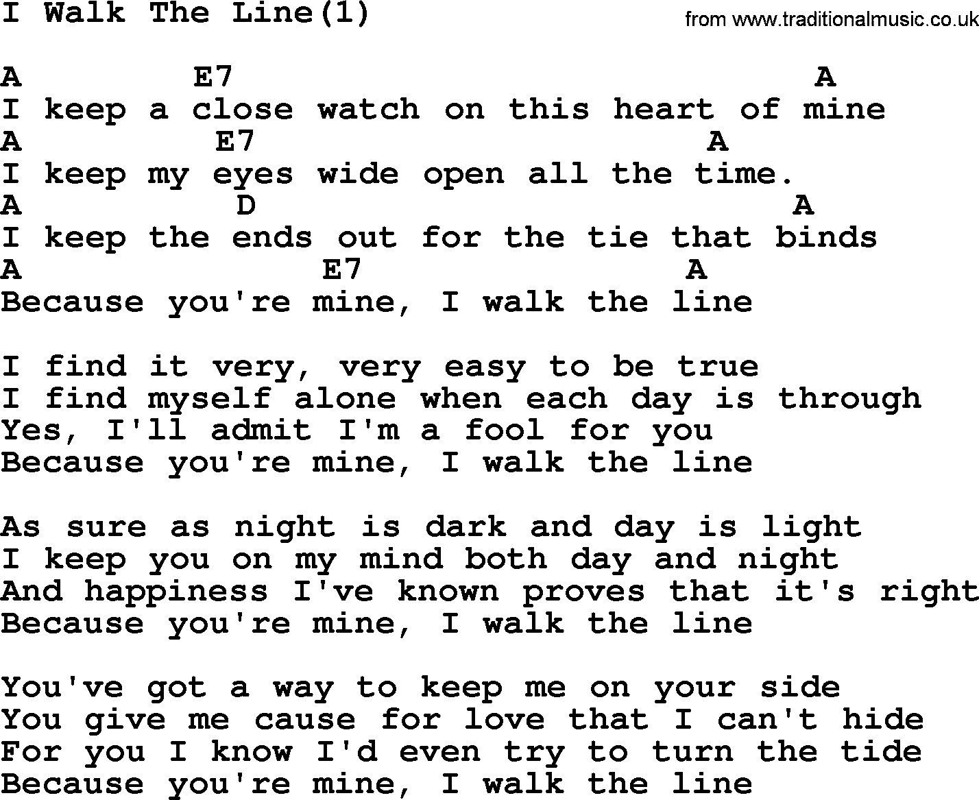 Johnny Cash song I Walk The Line(1), lyrics and chords