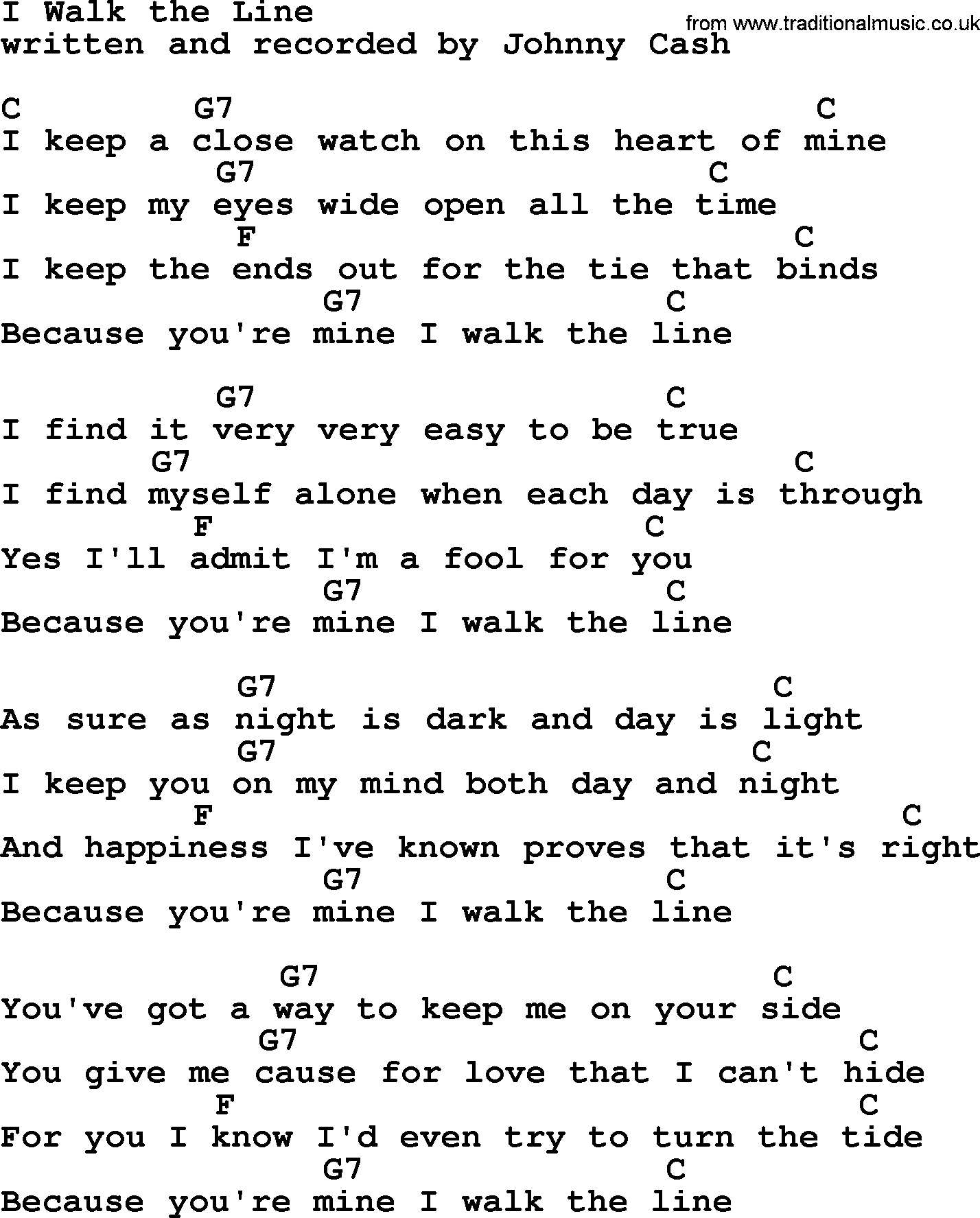 Johnny Cash song I Walk The Line, lyrics and chords