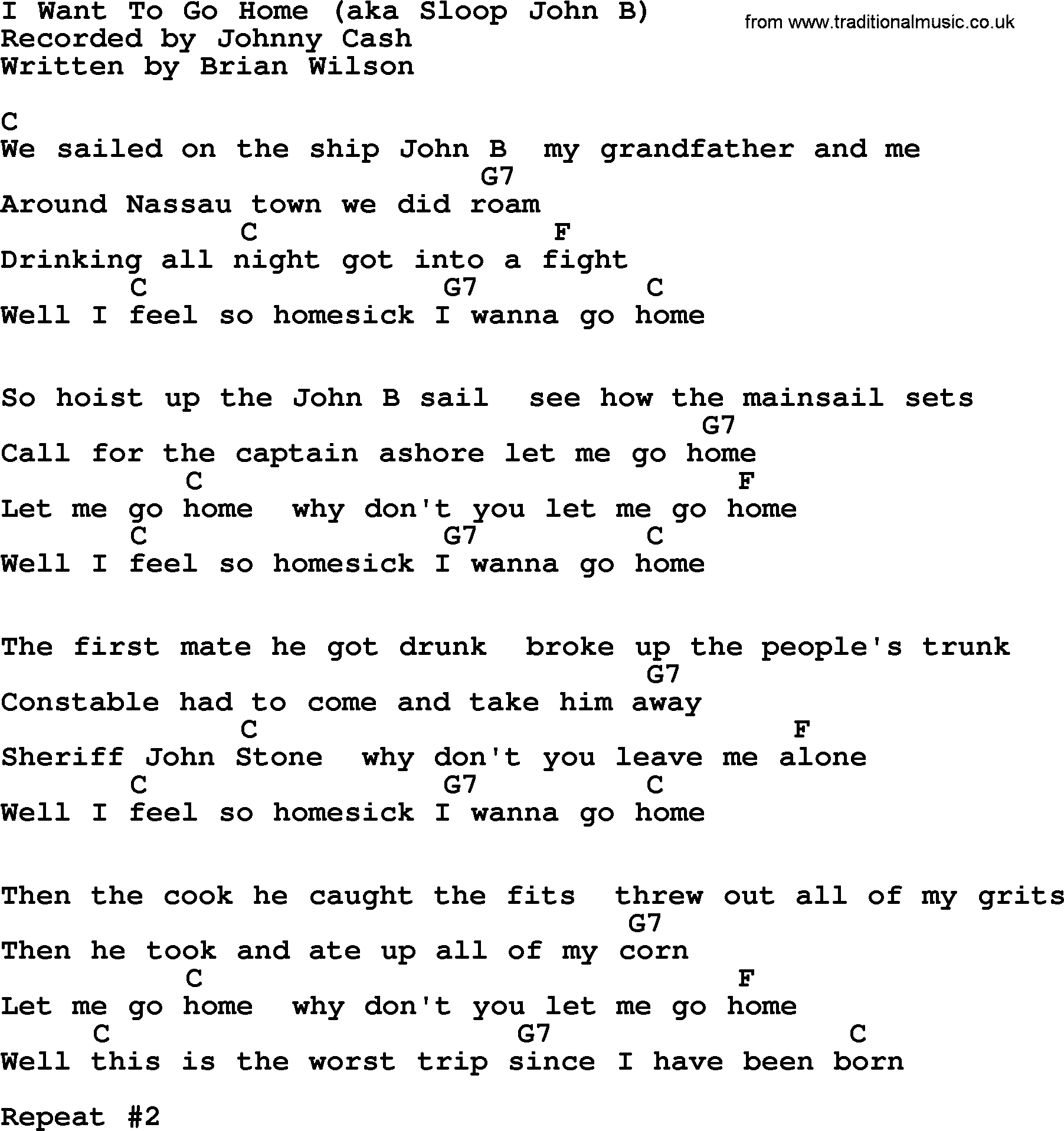 Johnny Cash song I Want To Go Home(Sloop John B), lyrics and chords