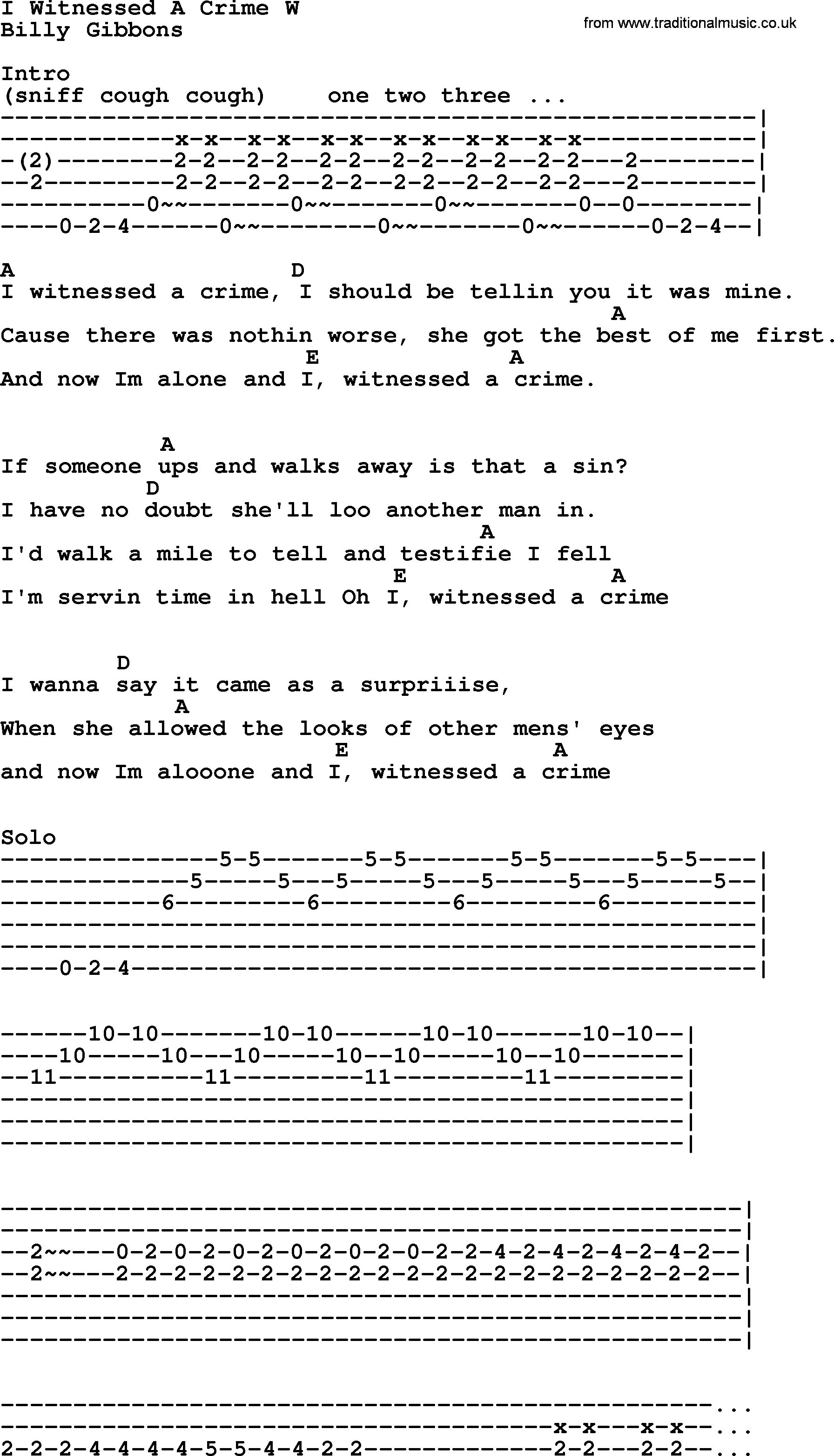 Johnny Cash song I Witnessed A Crime W, lyrics and chords