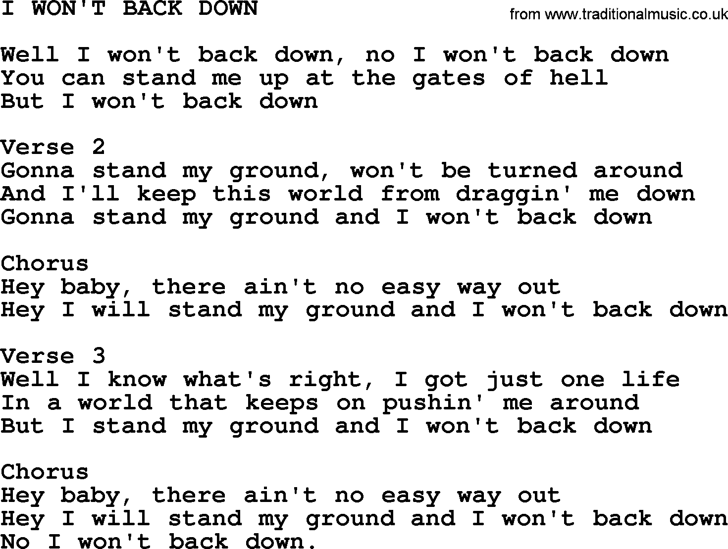 Johnny Cash song I Won't Back Down.txt lyrics