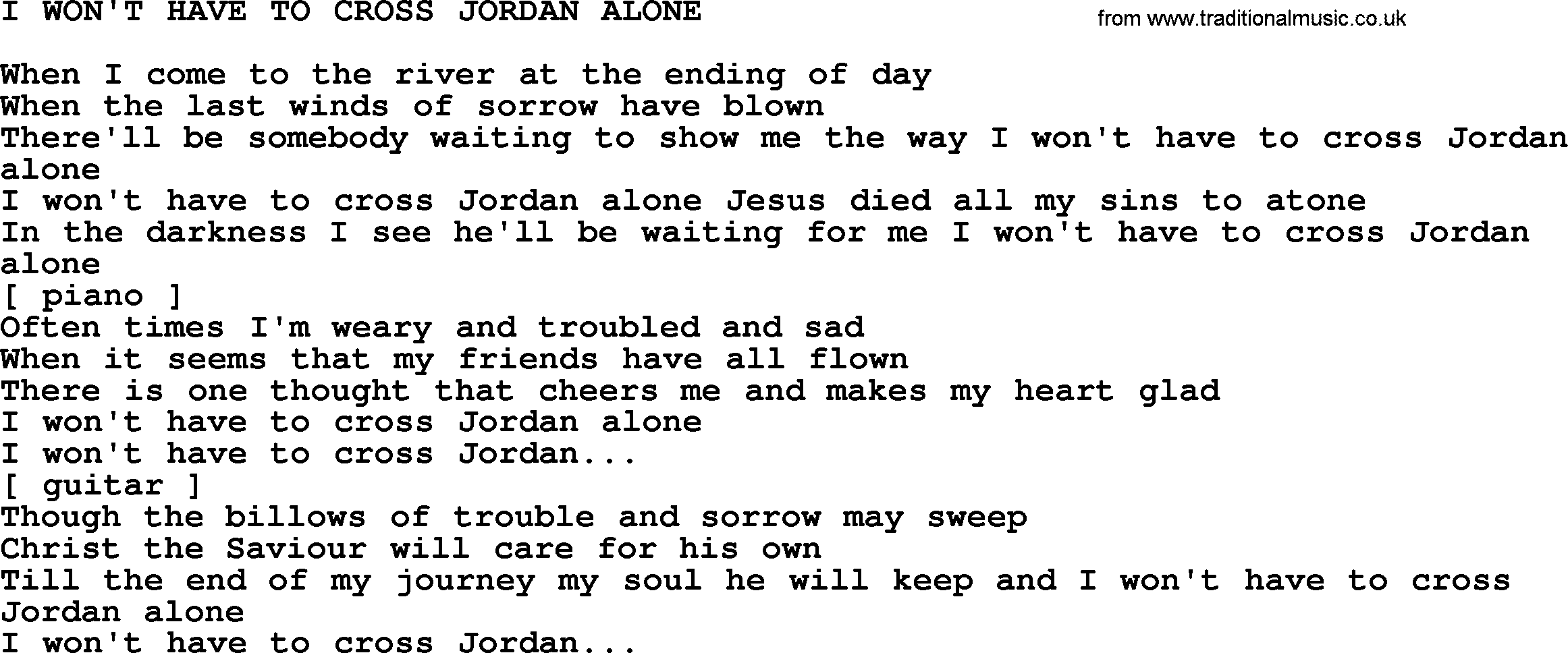 Johnny Cash song I Won't Have To Cross Jordan Alone.txt lyrics