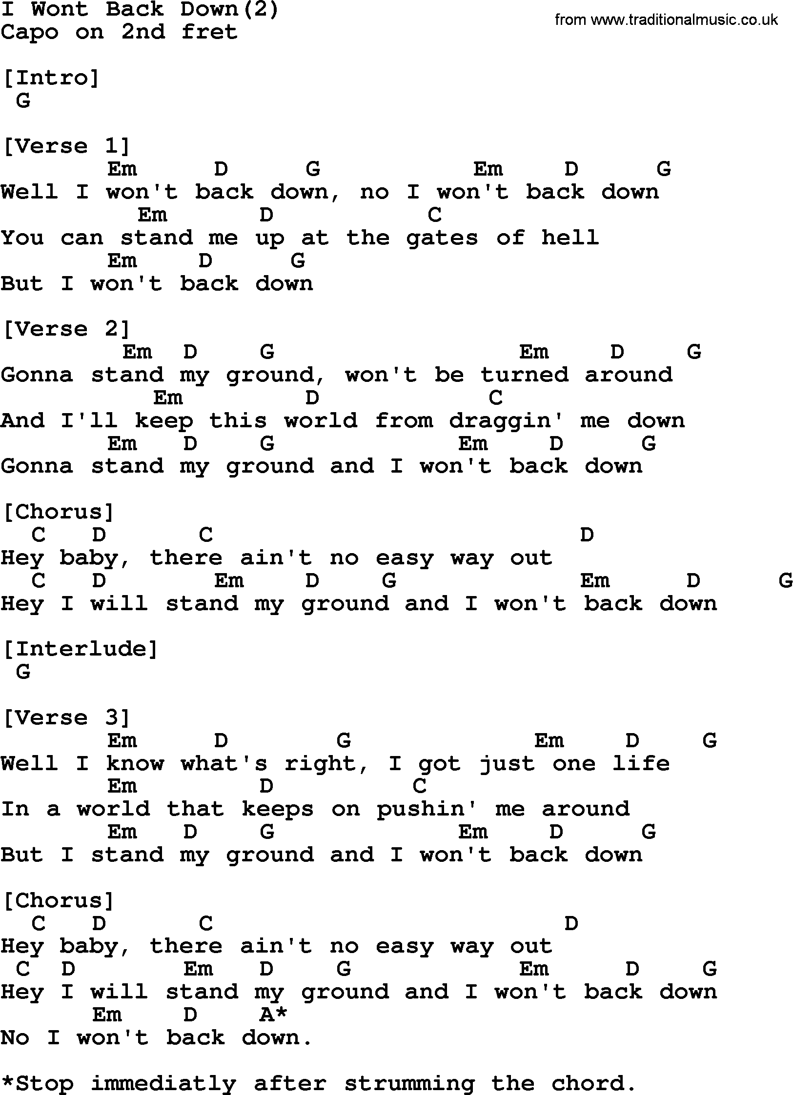 Johnny Cash song I Wont Back Down(2), lyrics and chords