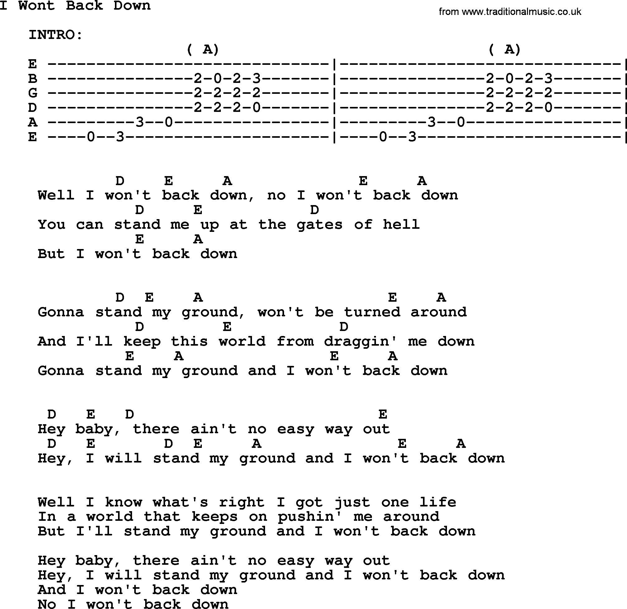 Johnny Cash song I Wont Back Down, lyrics and chords