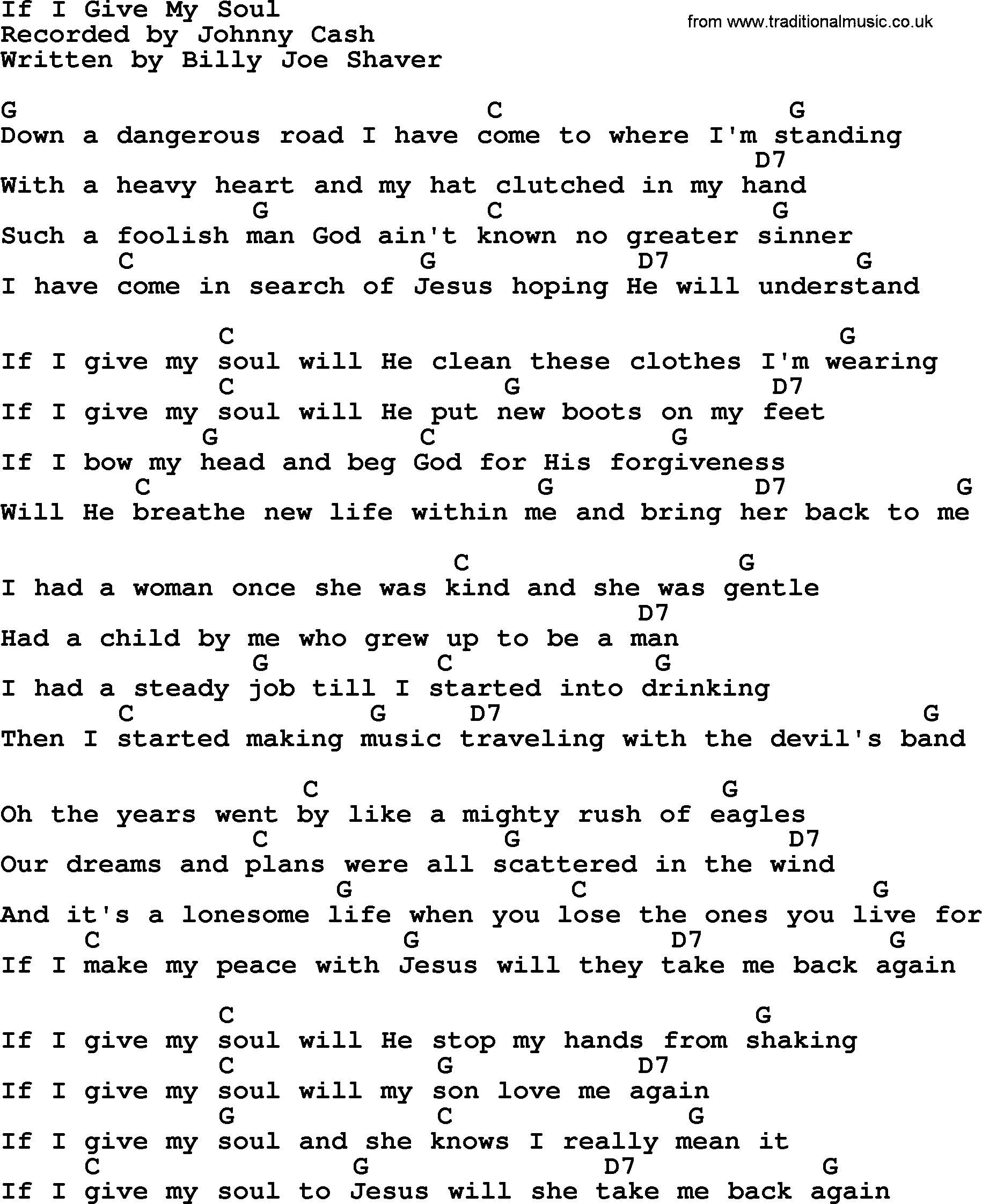 Johnny Cash song If I Give My Soul, lyrics and chords