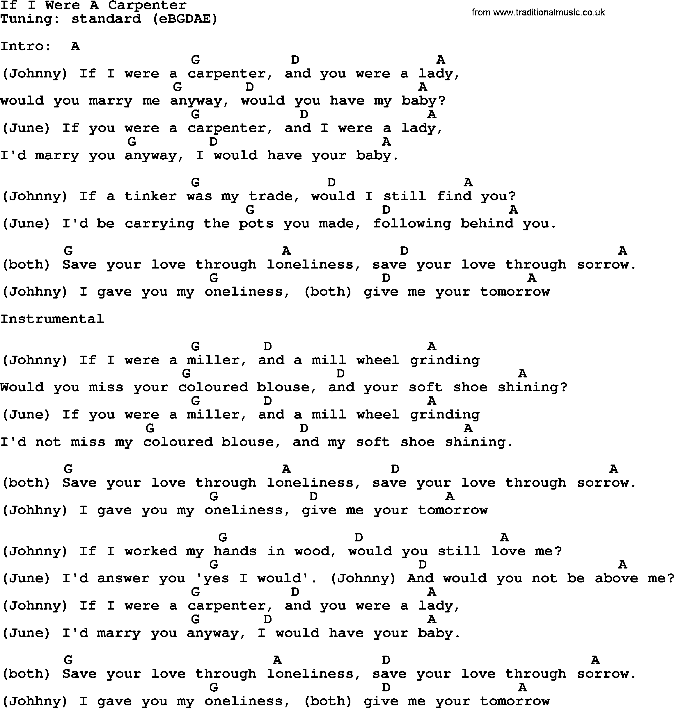 Johnny Cash song If I Were A Carpenter, lyrics and chords