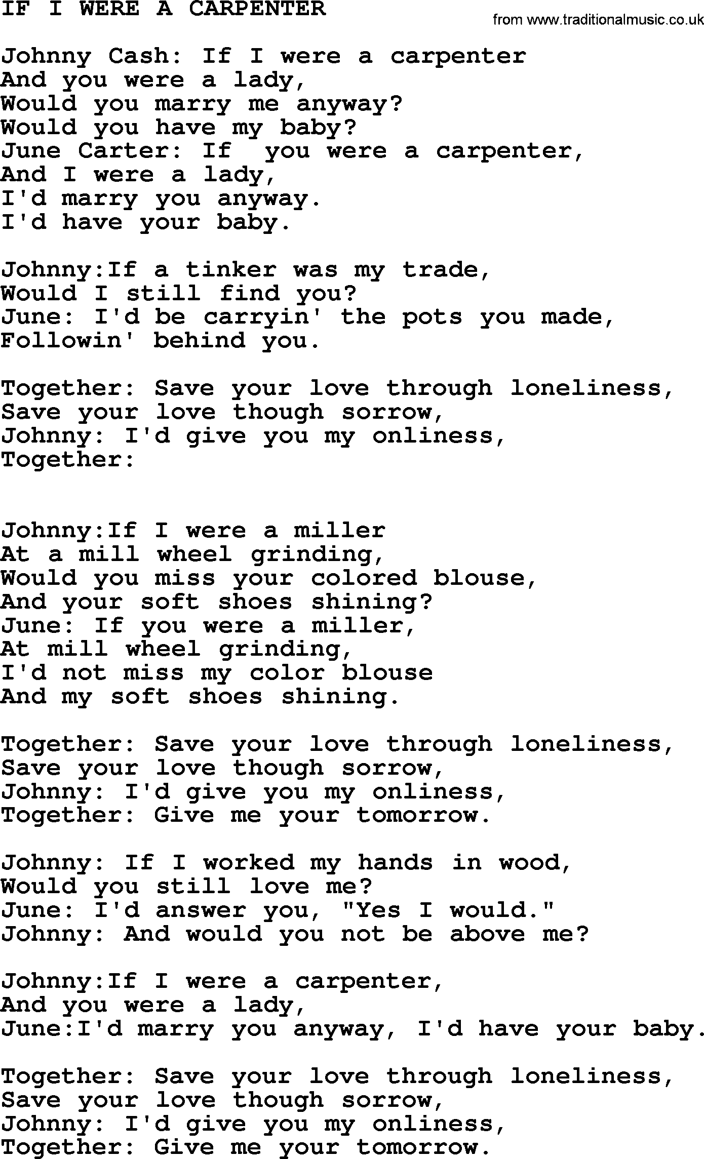 Johnny Cash song If I Were A Carpenter.txt lyrics