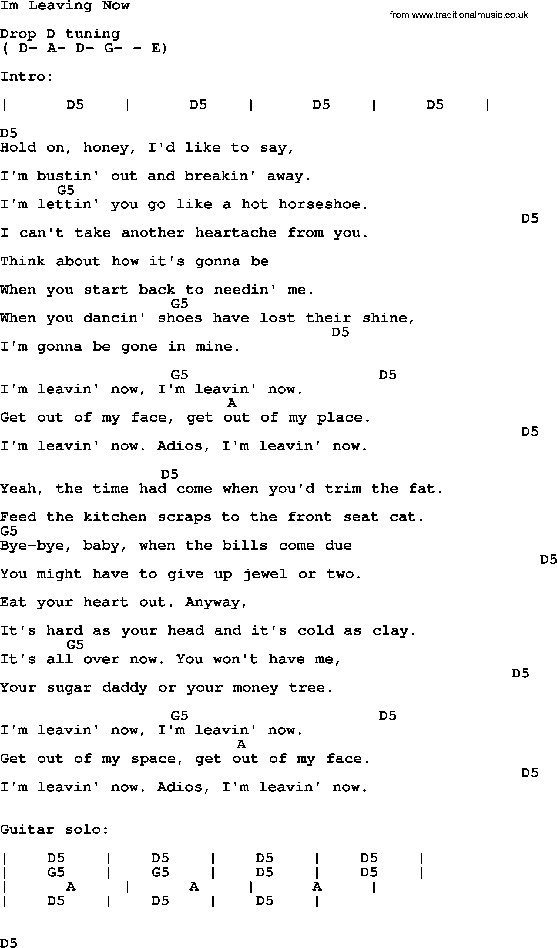 Johnny Cash song Im Leaving Now, lyrics and chords
