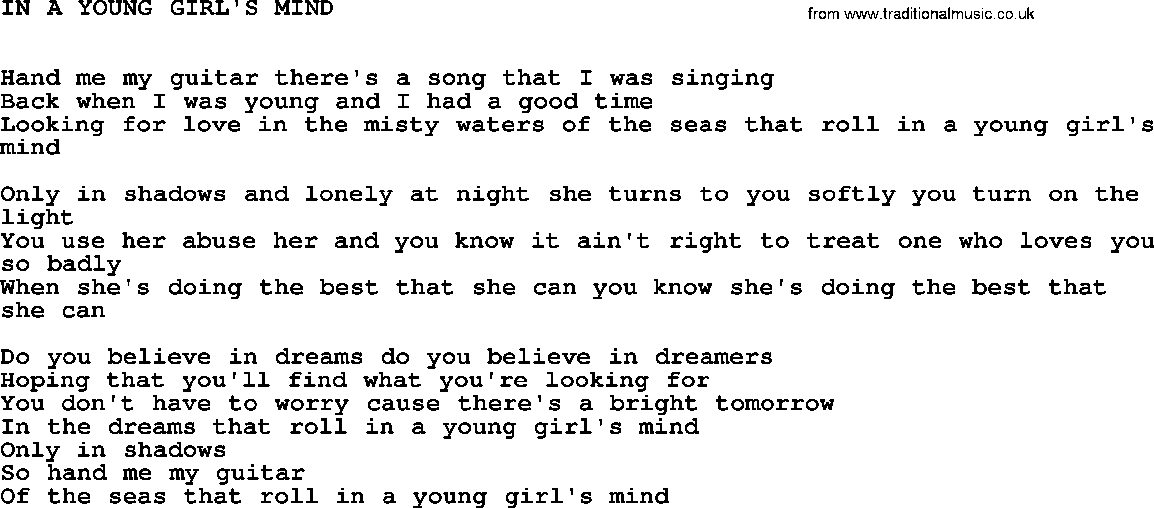 Johnny Cash song In A Young Girl's Mind.txt lyrics