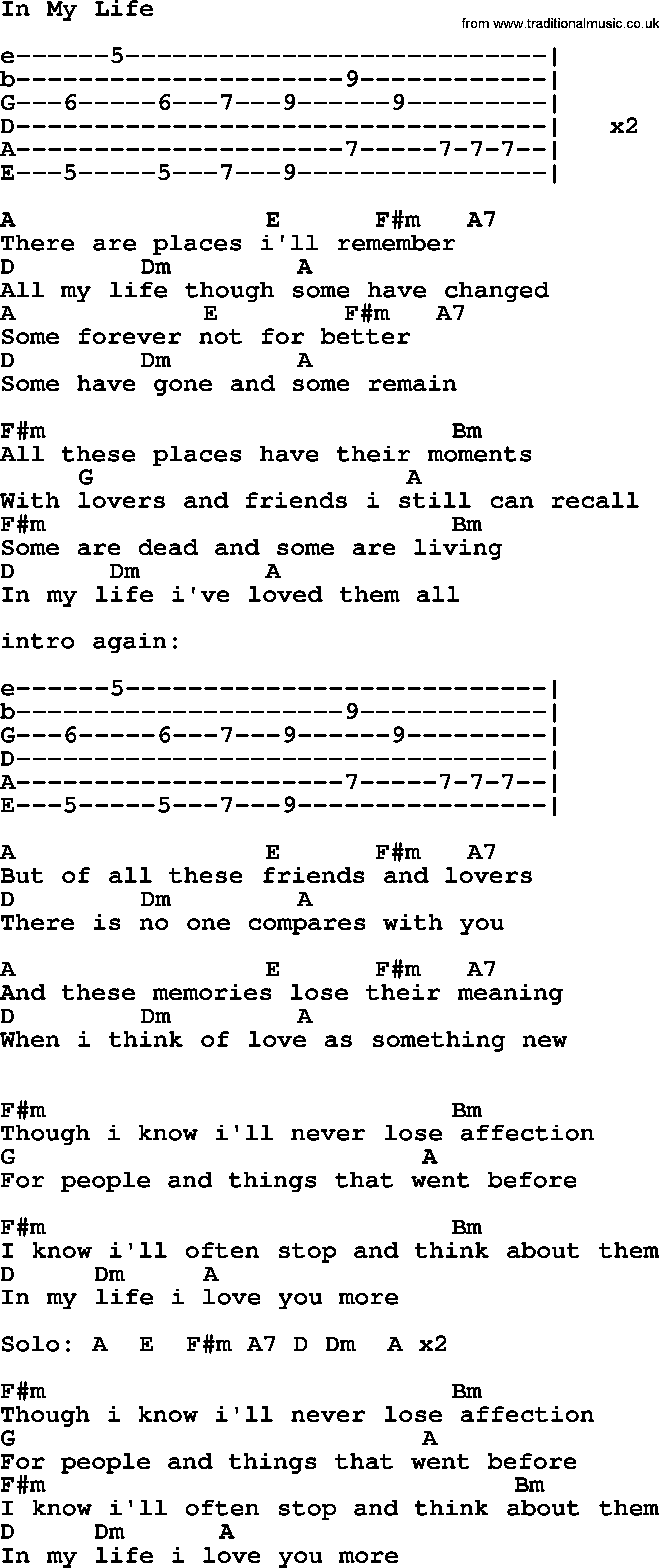 Johnny Cash song In My Life, lyrics and chords