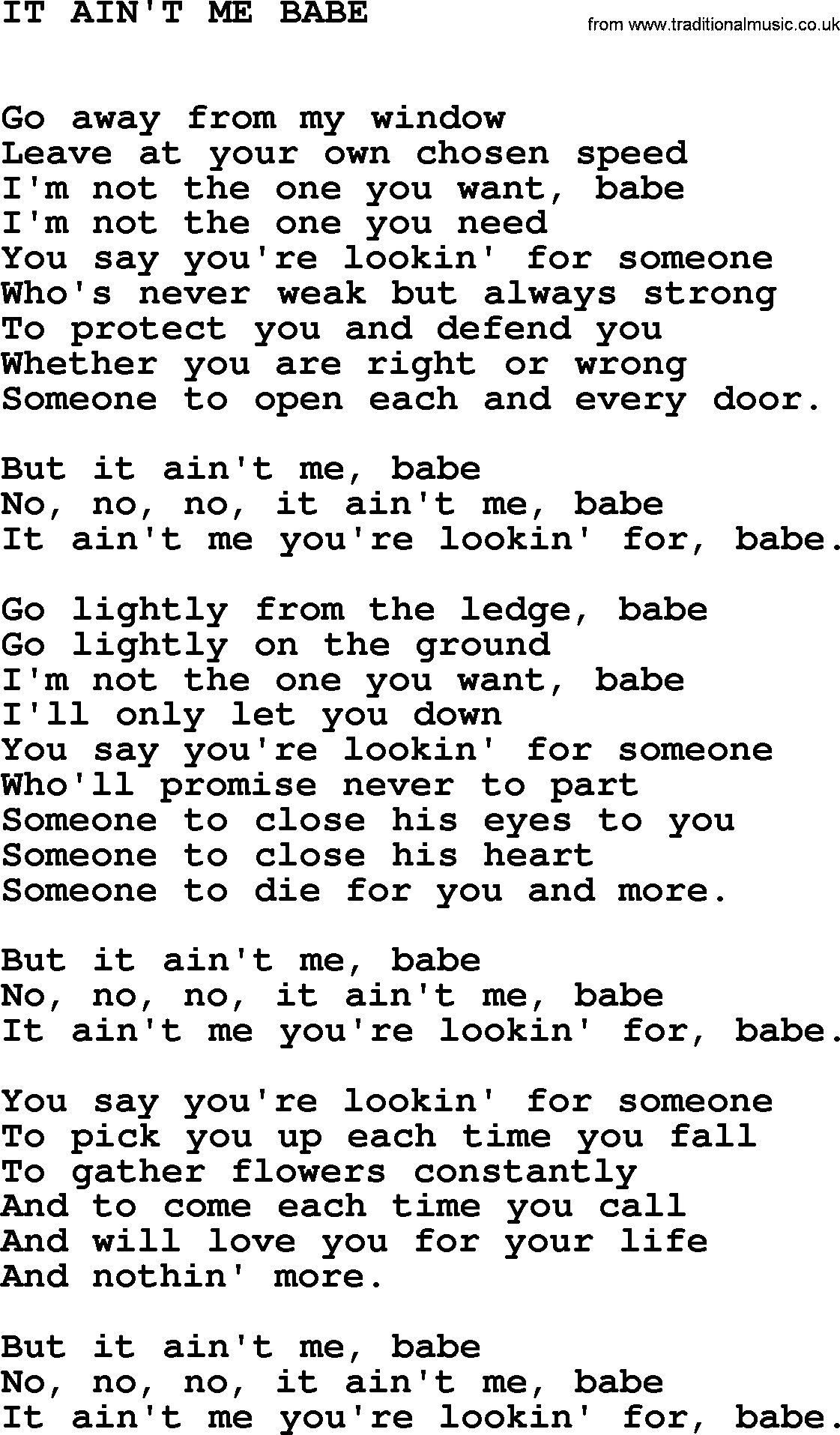 Johnny Cash song It Ain't Me Babe.txt lyrics