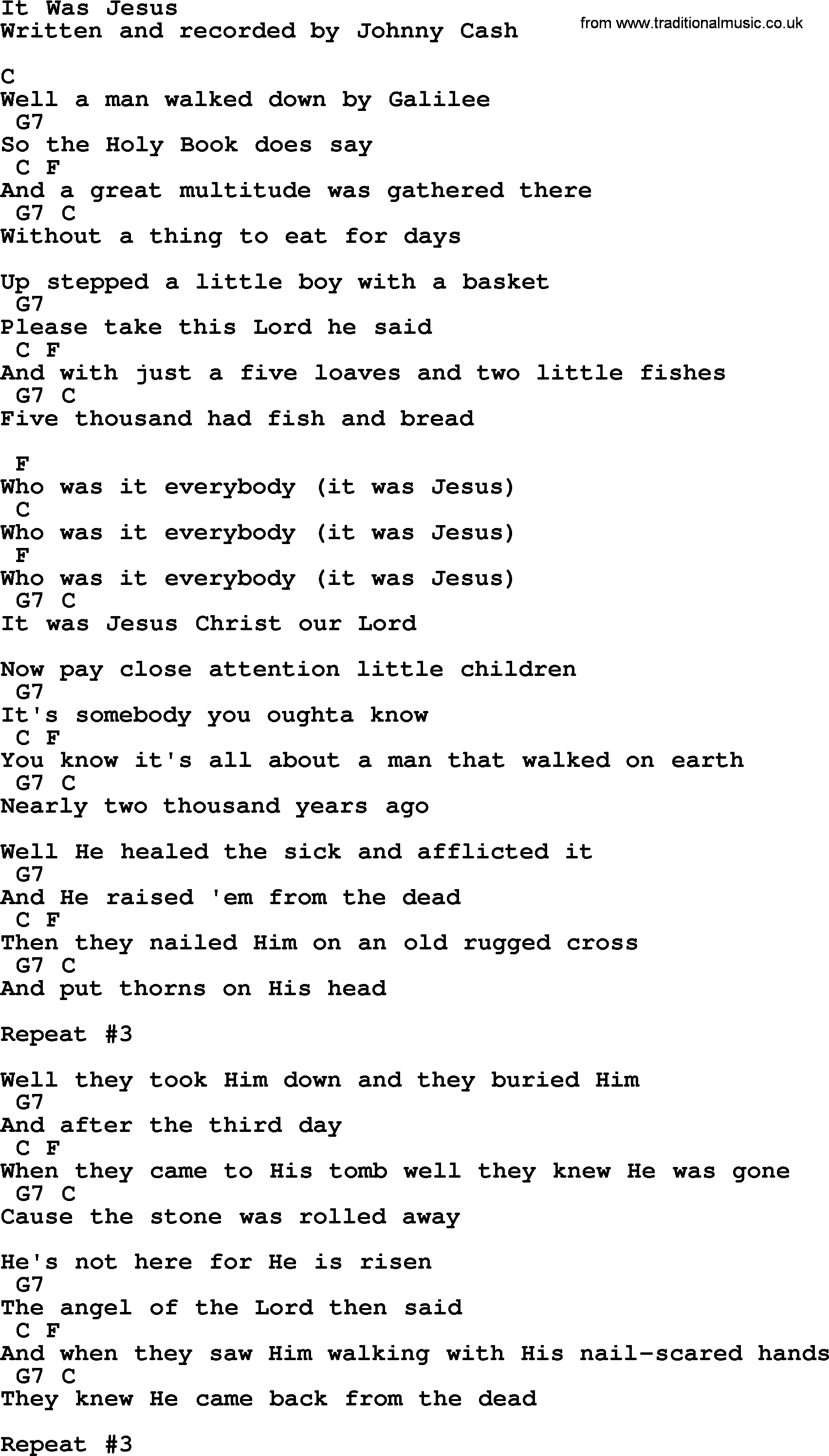 Johnny Cash song It Was Jesus, lyrics and chords