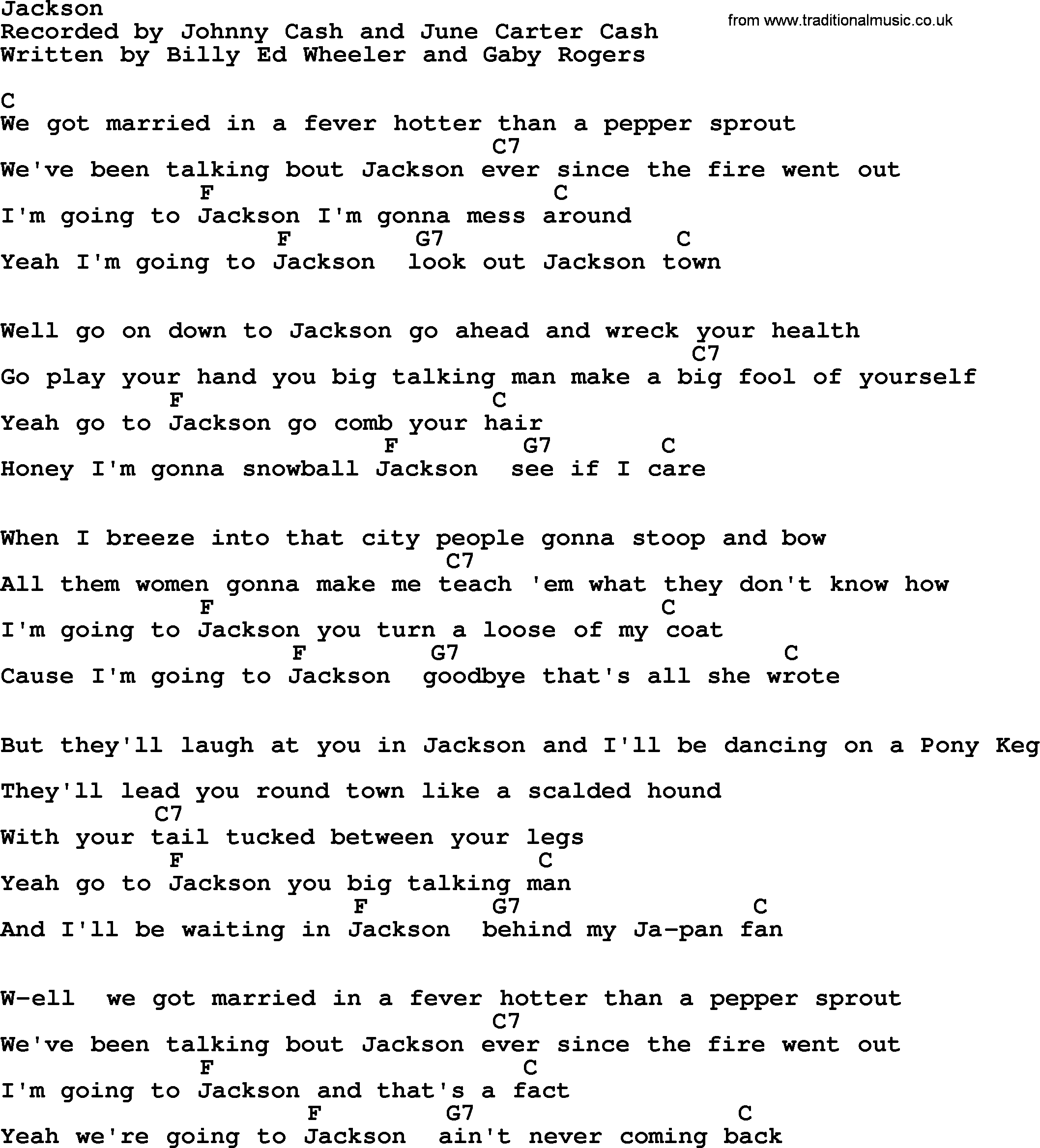 Johnny Cash song Jackson, lyrics and chords