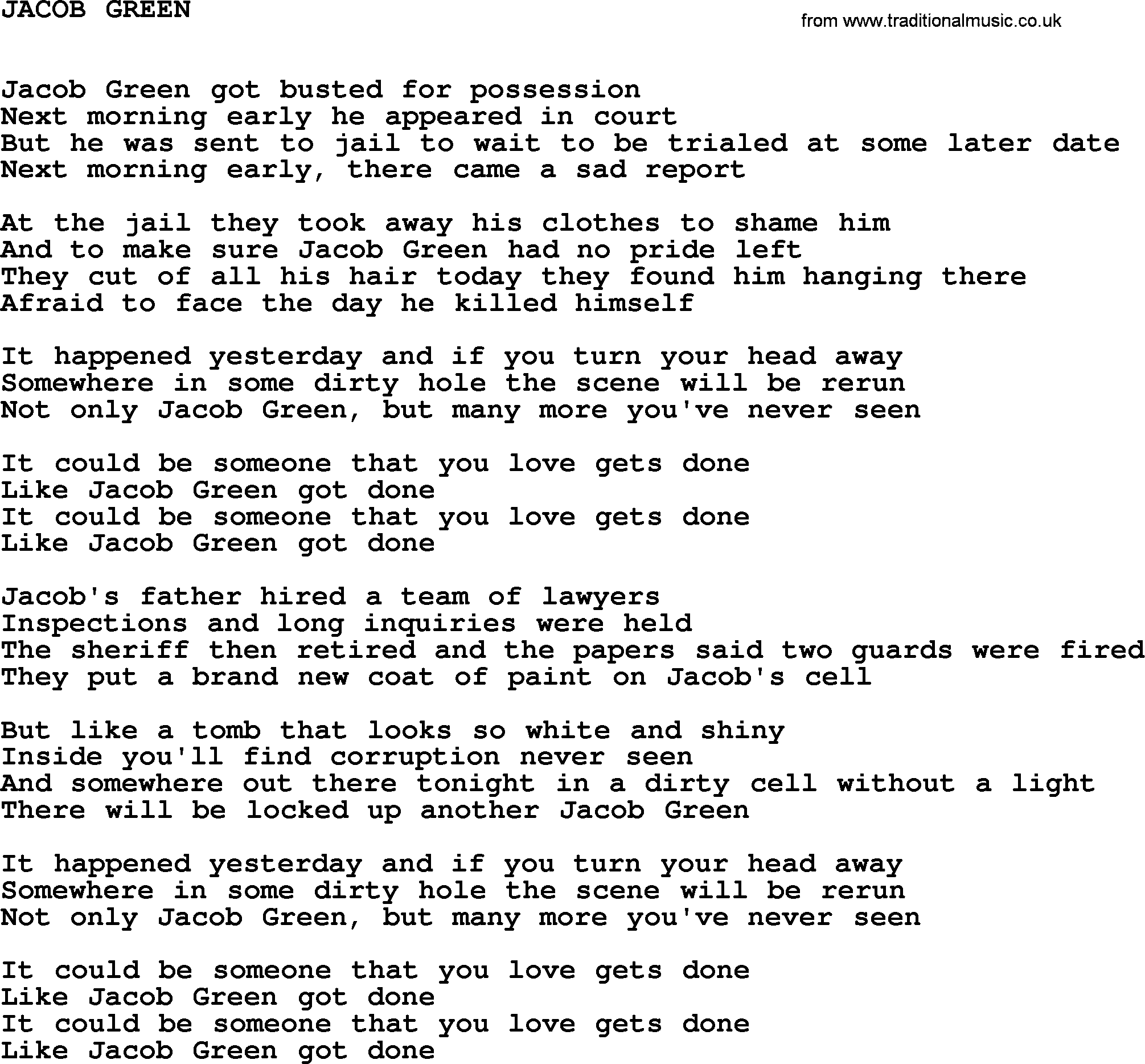 Johnny Cash song Jacob Green.txt lyrics