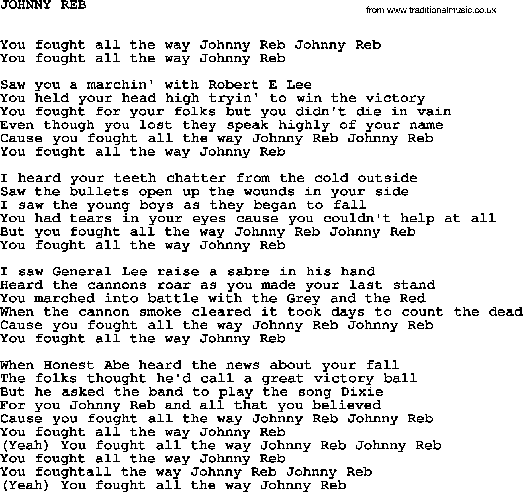 Johnny Cash song Johnny Reb.txt lyrics